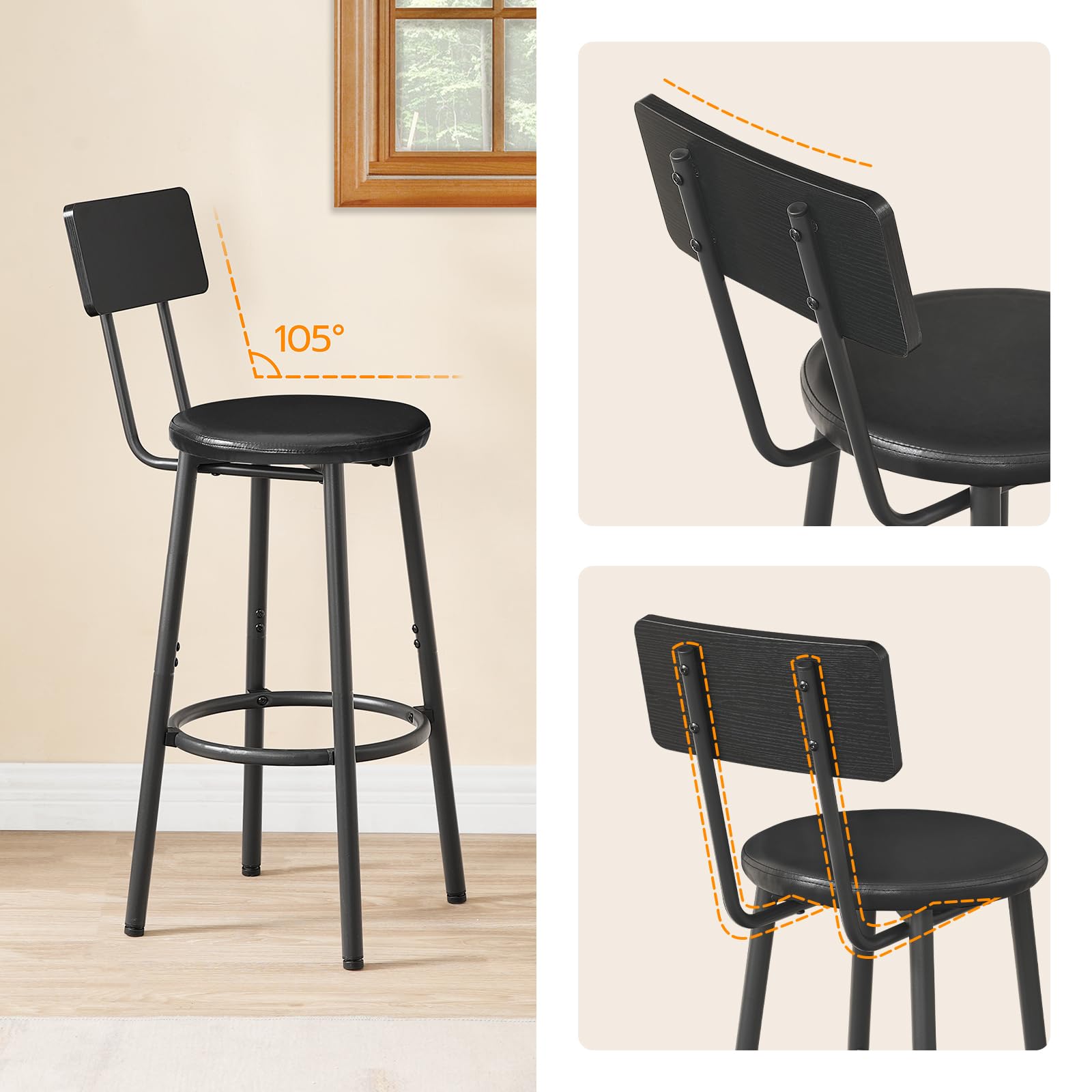 HOOBRO Juego de Dos Taburetes de Bar con Respaldo, Taburete con Reposapiés, Silla Alta para Cocina, Salón, Bar, Patas Ajustables, Fácil Montaje, Negro EBK31BY01G1