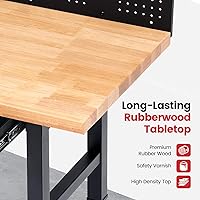 Vista 5 de ENJOYWOOD Bancos de trabajo para garaje con ruedas de 60 pulgadas Banco de trabajo ajustable de goma con tapa de madera y cajones, tablero