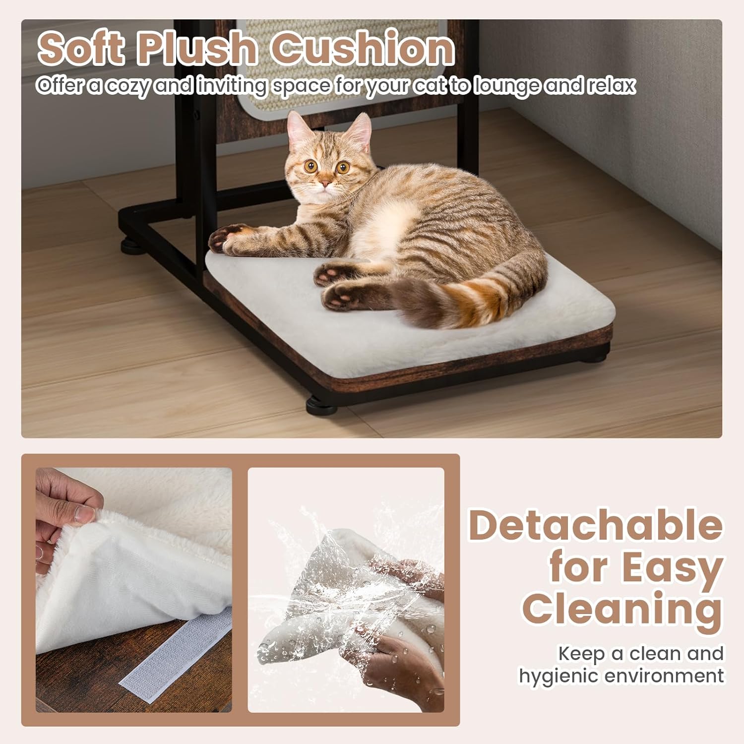 PETSITE Cat Tree and End Table, C-Shaped Small Cat Side Table with Scratching Pad, Removable Washable Cushion, and Jingling Hanging Ball, Modern Cat Furniture for Living Room Bedroom