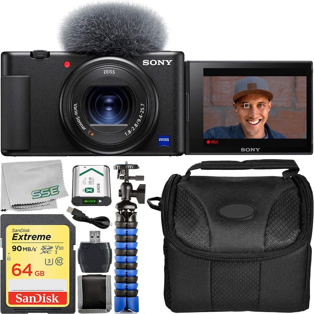 Sony ZV-1 Digital Camera (Black) with Streamer/Vlogging Kit. Includes: SanDisk Extreme 64GB Card, 12” Grispter Tripod, Carrying Case, and More. (Renewed)