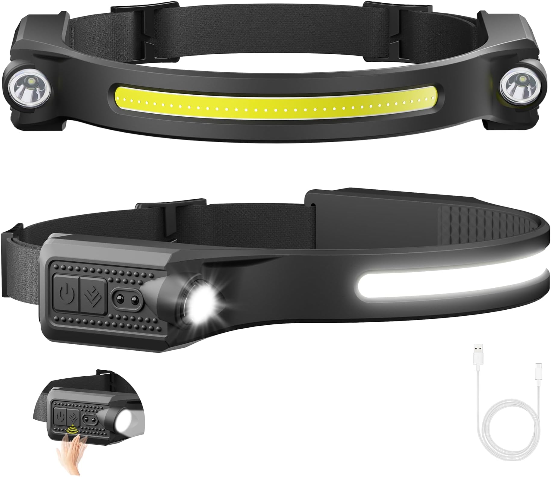 LED Headlamp Rechargeable, 2 XPE LED and COB LED Head Lamp, Motion Sensor, 260° Wide Beam, IPX4 Waterproof, Rechargeable Headlight for Camping Accessories (2 Pack)