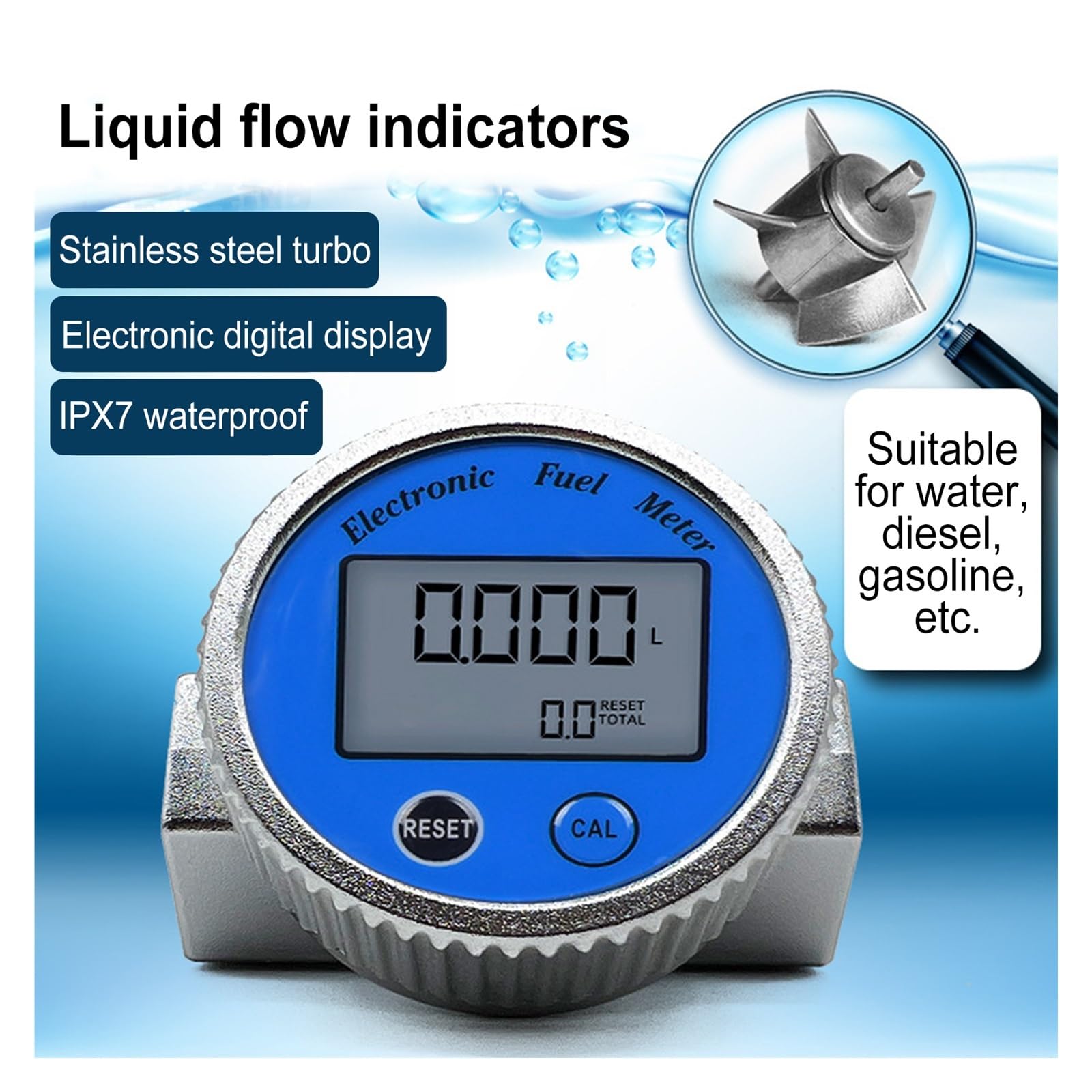 Medidor de agua, medidor de flujo electrónico turbo, medidor de flujo de gasolina, metanol, queroseno, agua, pantalla digital electrónica (Dn25, 1 pulgada)