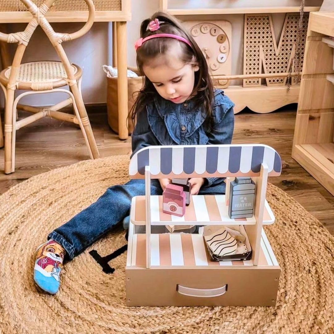 Mamabrum Magasin en Bois pour Enfants, Pliable, café pour Enfants et pâtisserie avec Accessoires Inclus (crème