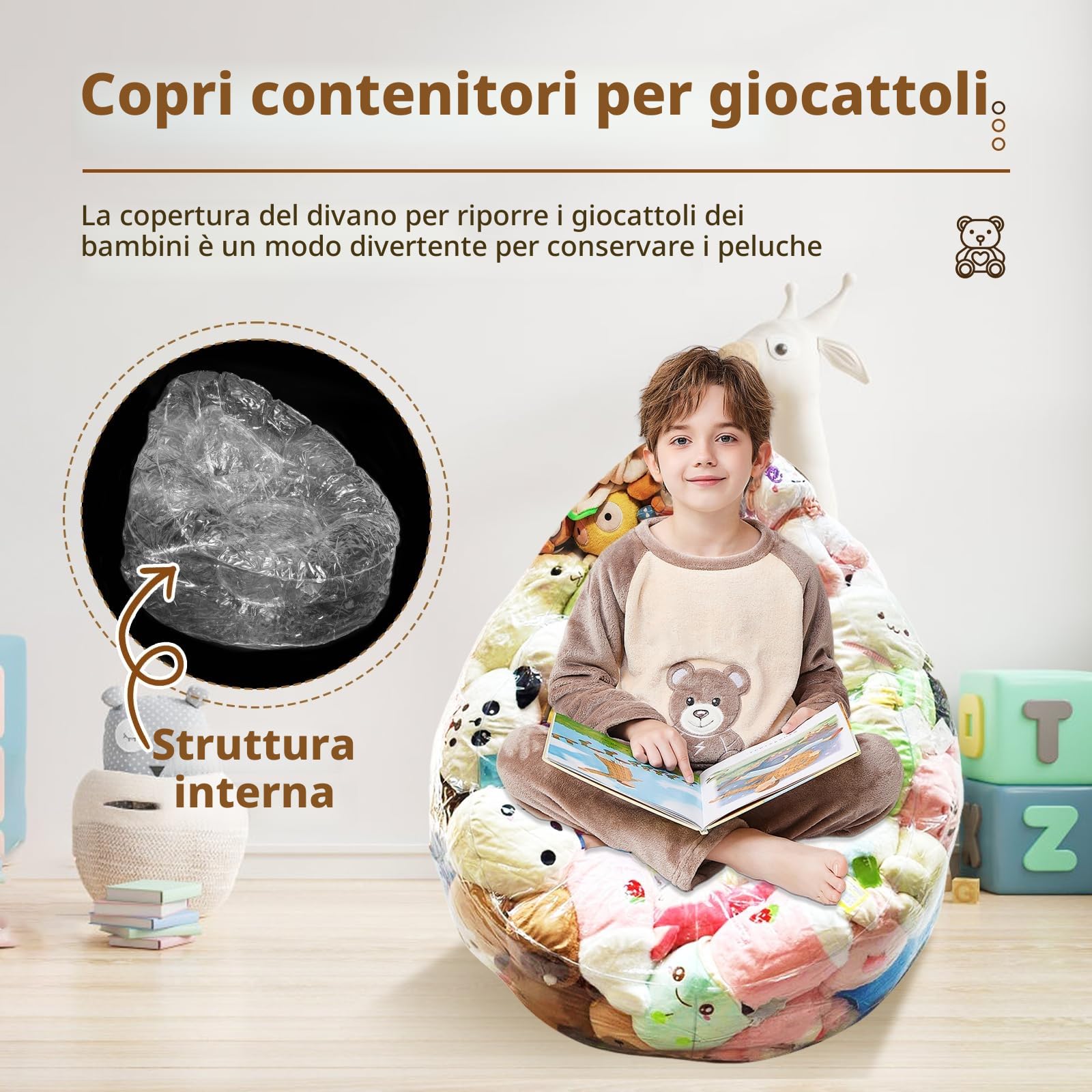 Giocattolo di peluche, trasparente, per sedia a fagioli di animali, 150 l, sacchetto di peluche per bambini, organizzazione senza riempitivo incluso