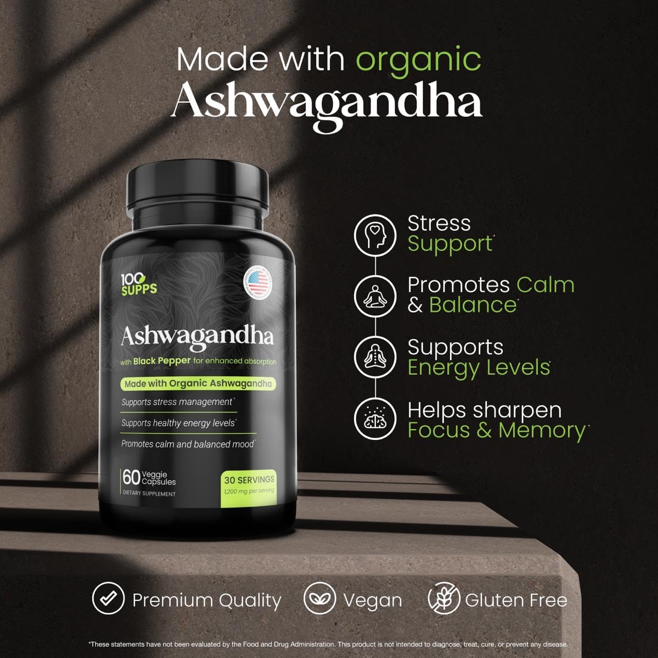 Ashwagandha Capsules with Black Pepper Extract 4:1 (10mg), Made with Organic Ashwagandha Powder, 1200mg per Serving, 60 Veggie Capsules (30-Day Supply), Gluten Free, Manufactured in USA