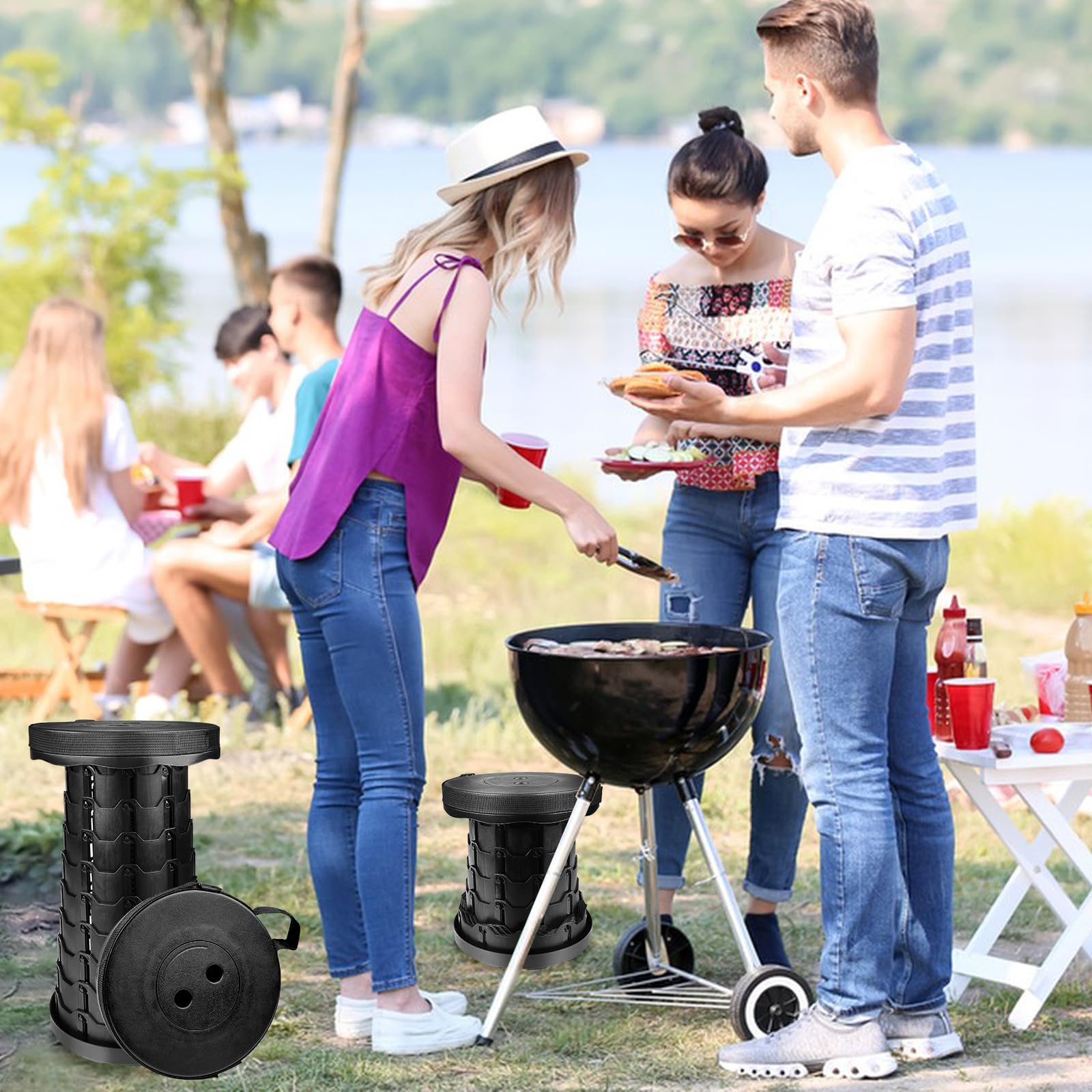 Maxentico Sgabello Pieghevole, Sgabelli Pieghevoli, Sedia Portatile, Sedile Telescopico con Cinturino Regolabile per Campeggio, Pesca, Barbecue, Interni, Viaggi, Feste, Carico Massimo 150kg