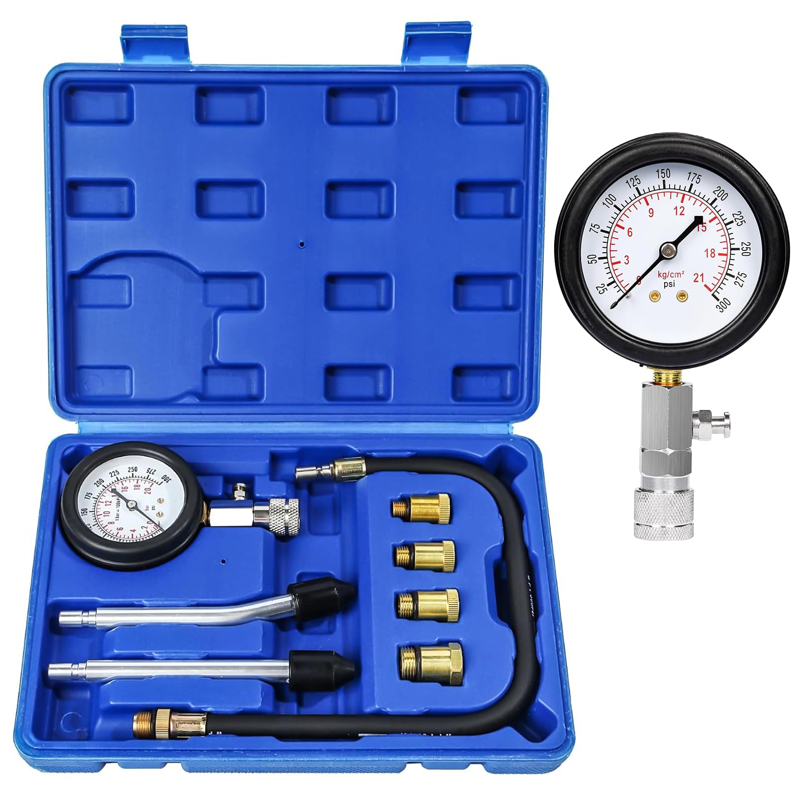 Zorplex Kompressionstester Set mit Manometer 0-21 Bar / 0-300 PSI, Kompressionsmessgerät für KFZ Auto Motorrad LKW Benzin Motor, Inkl, 4 Adapter M10 M12 M14 M18, Kompressionsprüfer Werkzeug (Blau)
