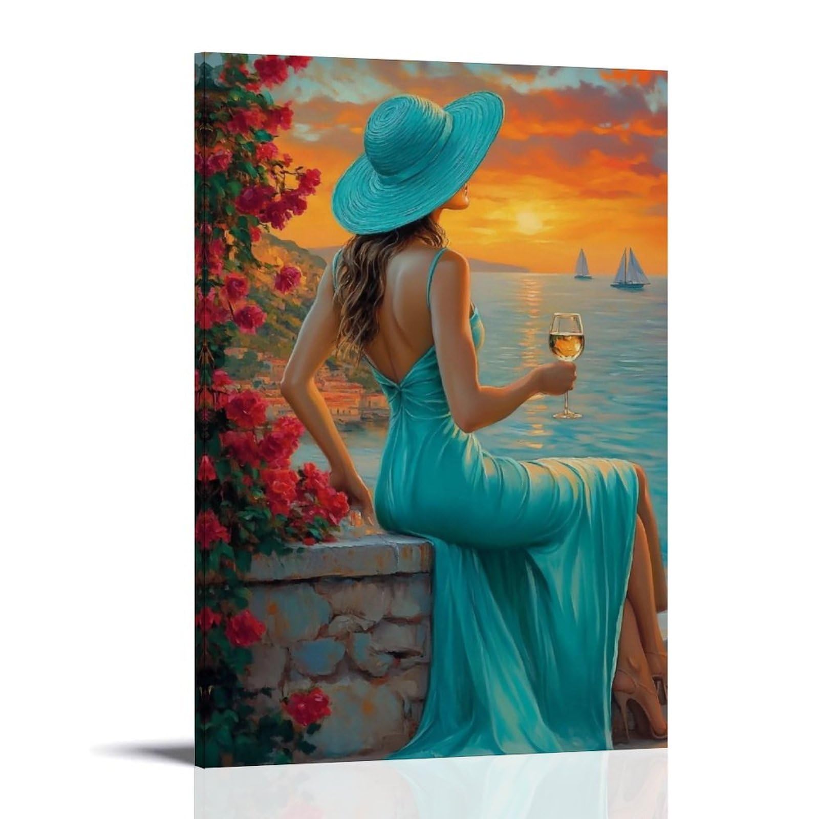 HUERYRYHY Sunset Wine on Mediterranean Terrace 03 Poster Wall Art Canvas Vintage Aesthetic Painting Decor for Rooms 24x36inch Frame-style