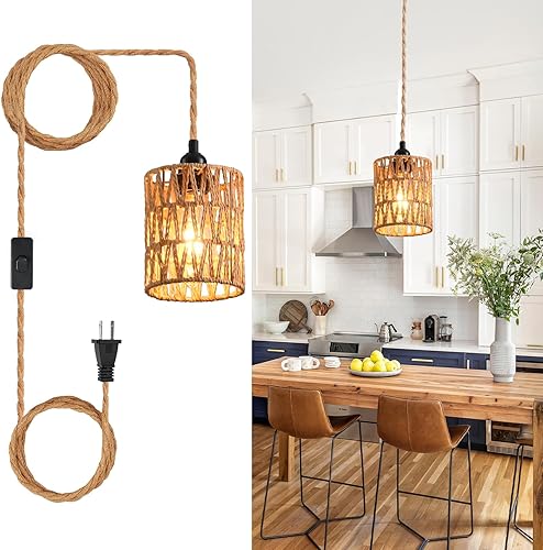 Miniatura 3 de Lámpara colgante enchufable, lámpara colgante industrial con cable de enchufe, cuerda de cáñamo, interruptor de encendidoapagado, lámpara colgante