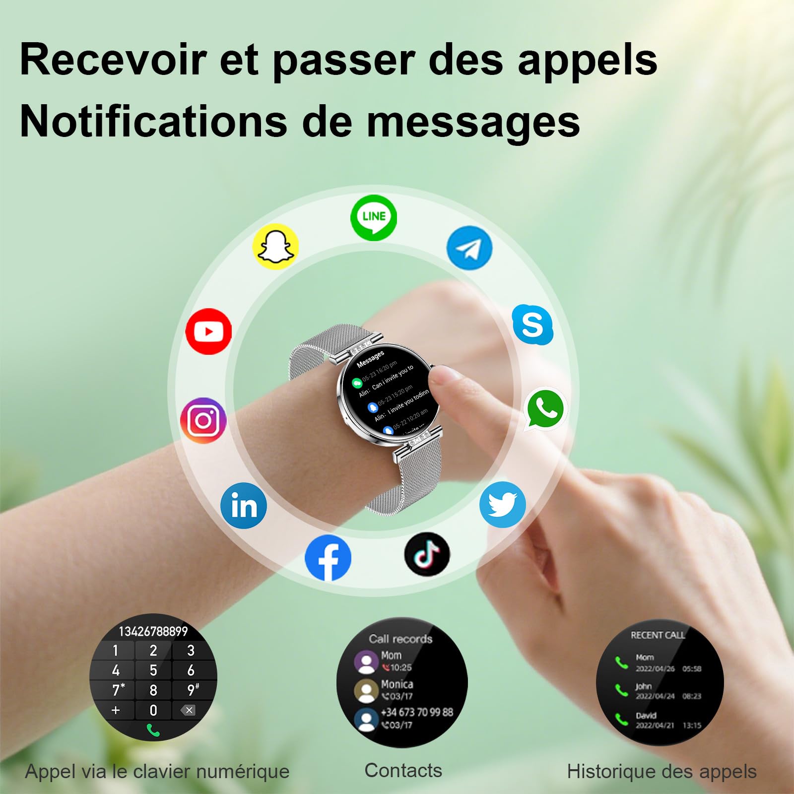 Montre Connectée Pour Femmes Petit Cadran Rond avec Fonction Téléphone Sport Surveillance de la Santé Notifications Par Application Suivi d'activité Bluetooth étanche pour Android IOS (Argenté)