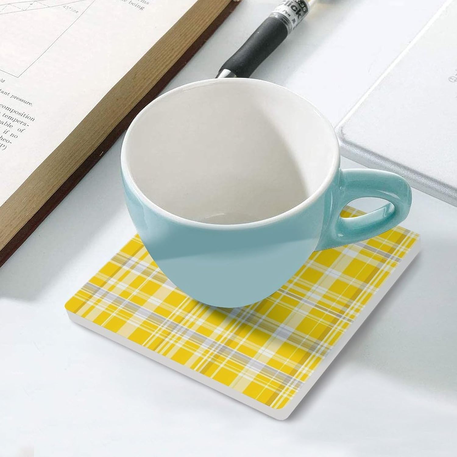 Yellow White Plaid Coaster for Drinks Square Ceramic Table Coasters Stone Mat Crafts 4PCS Home Kitchen Decor