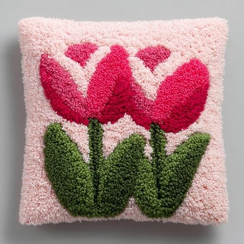 Henypt DIY Latch Hook Cushion Kit,Tulips 43x43cm Decorative Pillow Cover Craft Set,DIY Craft Set Perfect for Living Room & Gifting