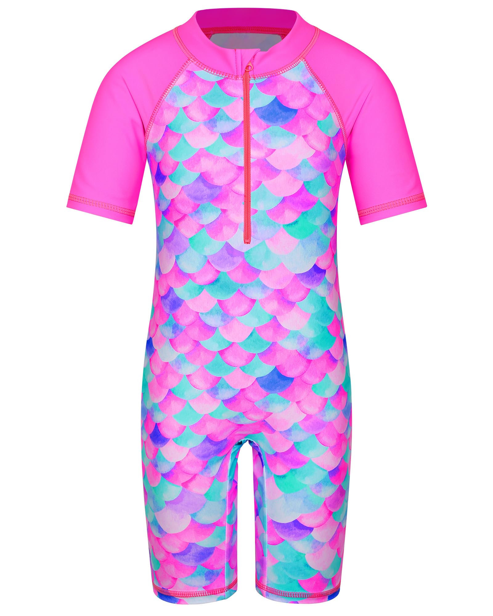 TFJH E Short Sleeve Girls Swimsuits UV 50+ One Pieces Bathing Suits Zipper 2-14Y