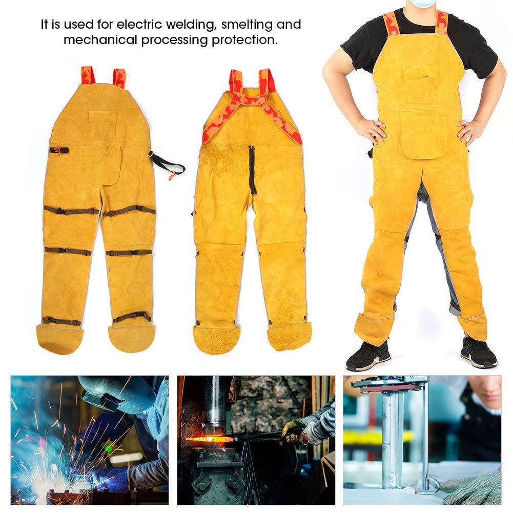 Tuta lavoro ignifuga con gambe divise per una vestibilità como durante i lavori di saldatura, realizzata in resistente pelle bovina, giallo, 1 pezzo