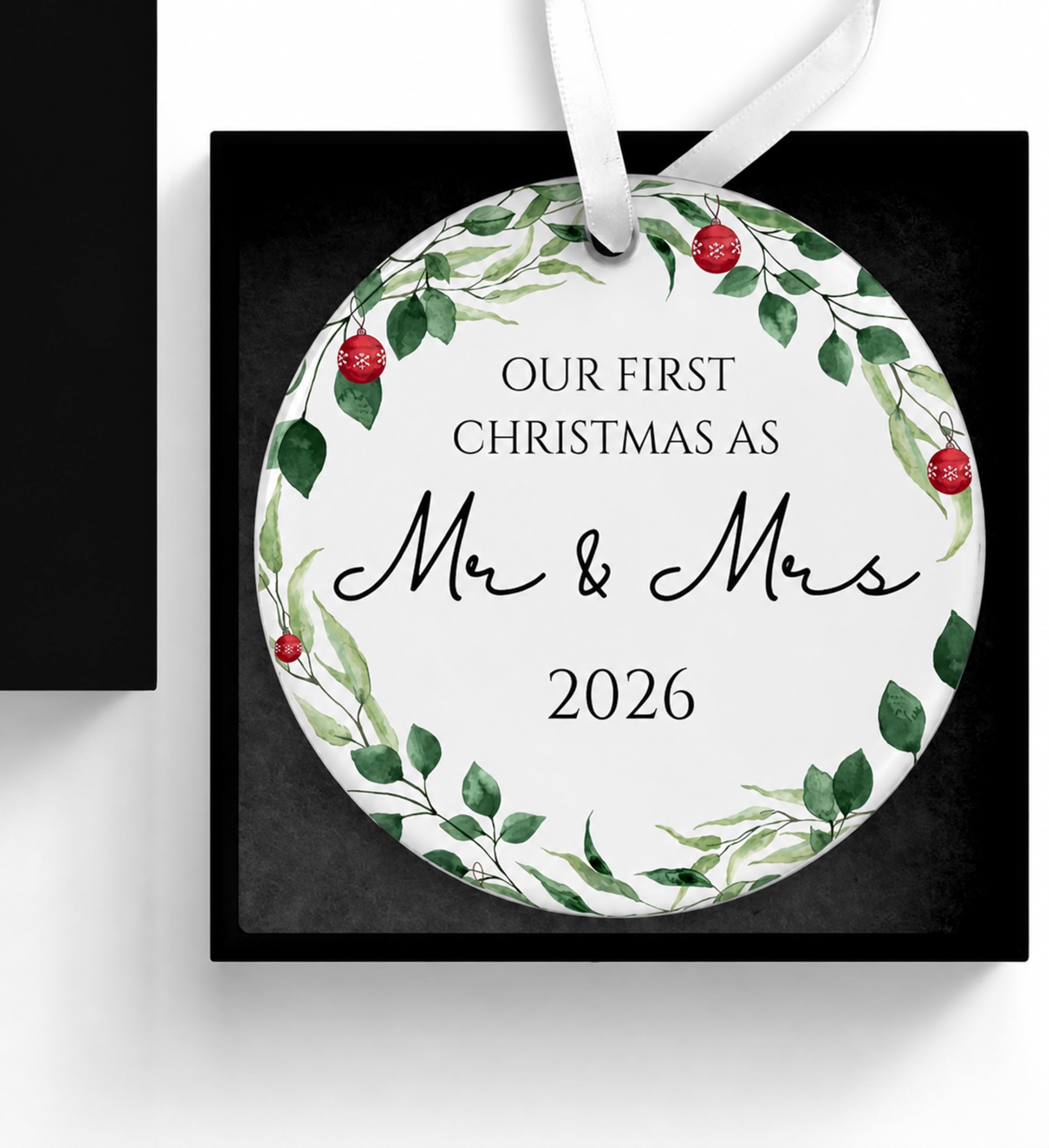 Uniquepgifts White First Christmas Married Ornament – Mr And Mrs Bauble, Newly Wed Keepsake Decoration, Hanging Ceramic Ornament
