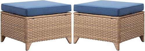 Miniatura 10 de Juego de 2 taburetes otomanos de mimbre de ratán para todo tipo de clima, con cojines suaves para muebles de patio