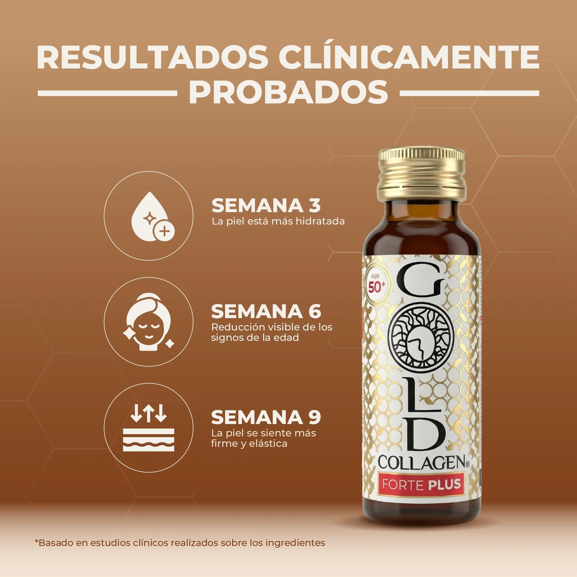 GOLD COLLAGEN New Forte Plus - Complemento con 8g de Colágeno Marino Hidrolizado y Biotina para el Cabello para Piel y Sistema Inmunitario, Vitamina C y Ácido Hialurónico, 1 Caja x 10 Botellitas 50 ml