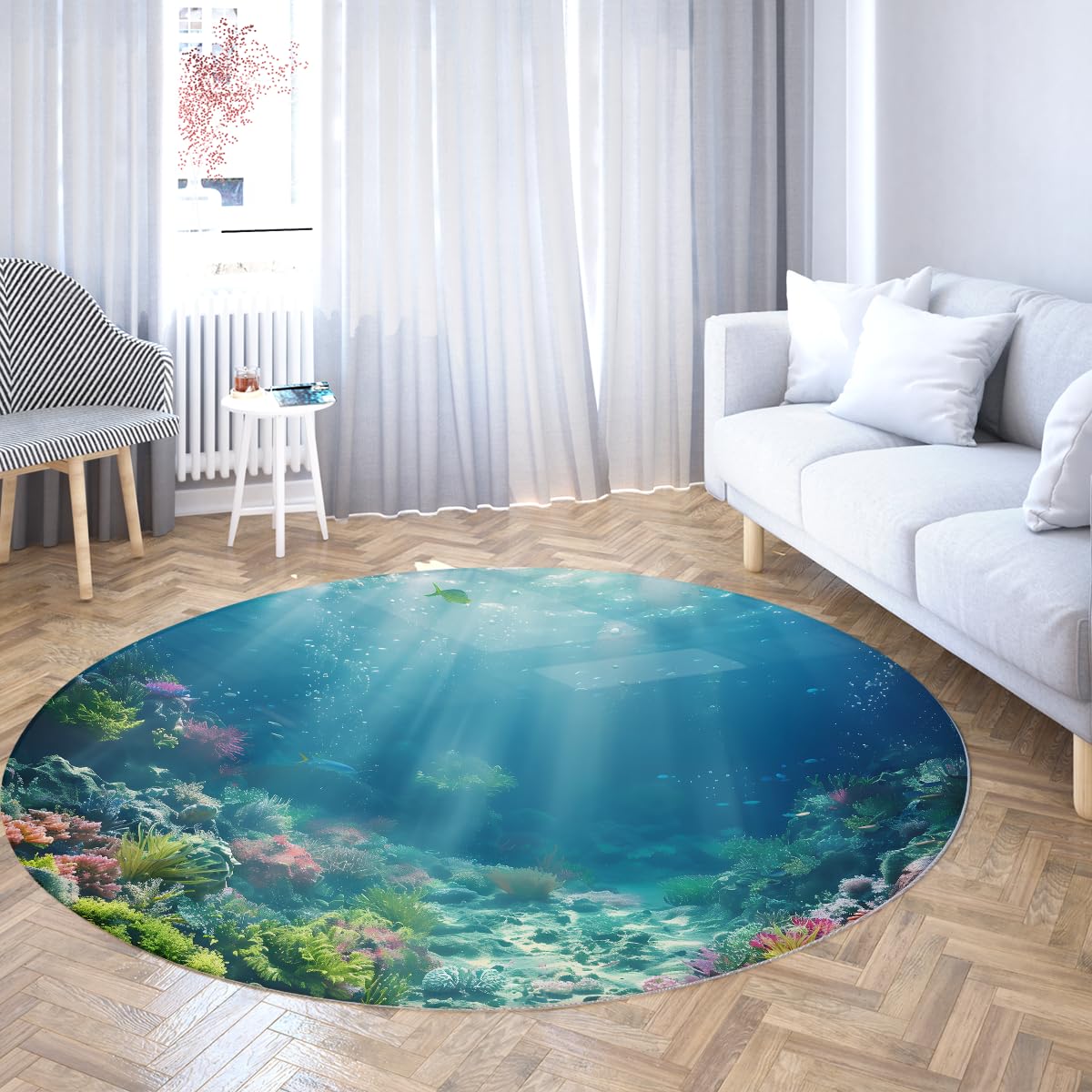Tapis lavable antidérapant océan rond 240cm bleu vert pour sol de chambre et salon