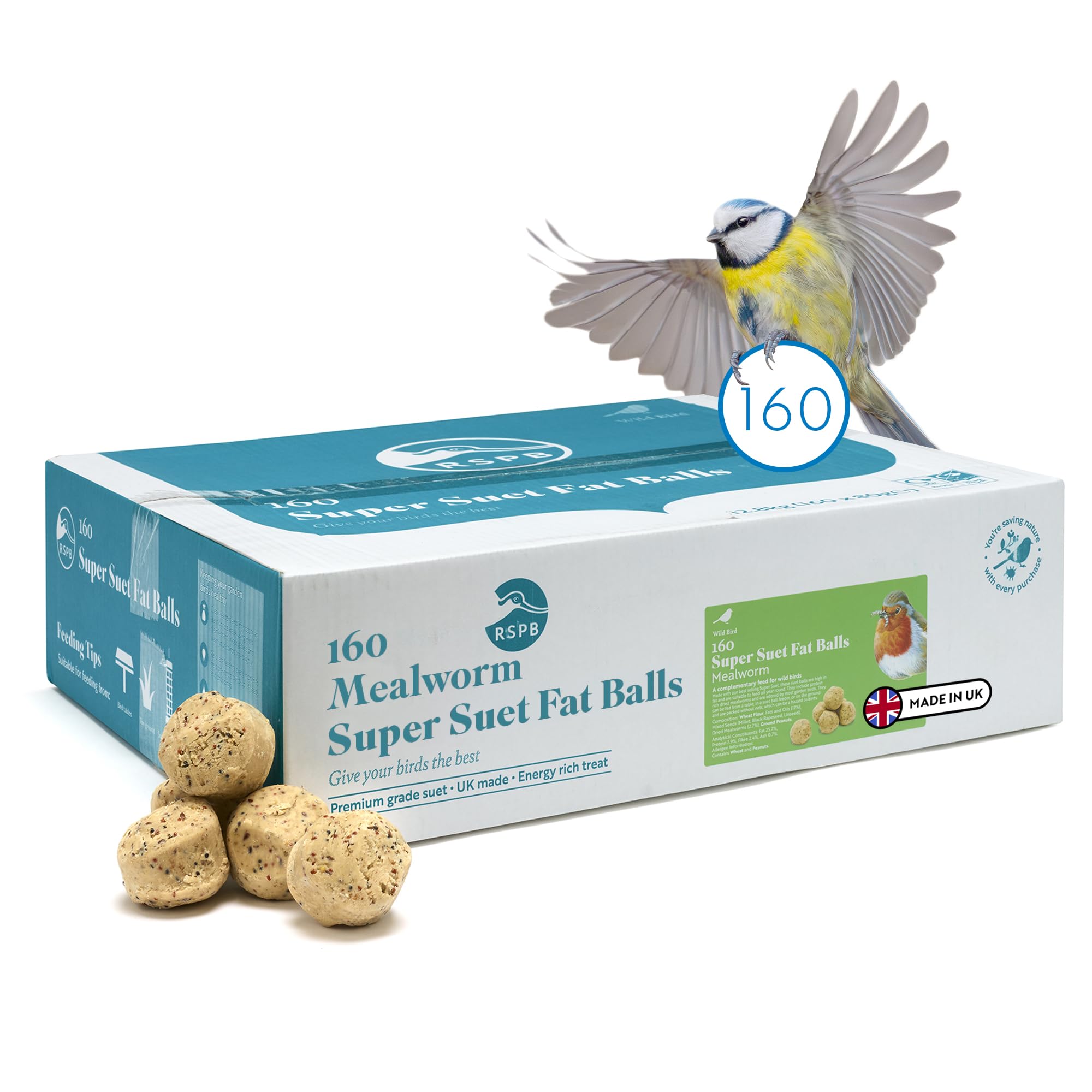 RSPB - Fat Balls, Bird Food for Outside Birds, High Energy Suet Balls with Mealworms, Made in the UK, Delicious and Nutritious, Suitable for Year-Round Feeding (Box of 160)
