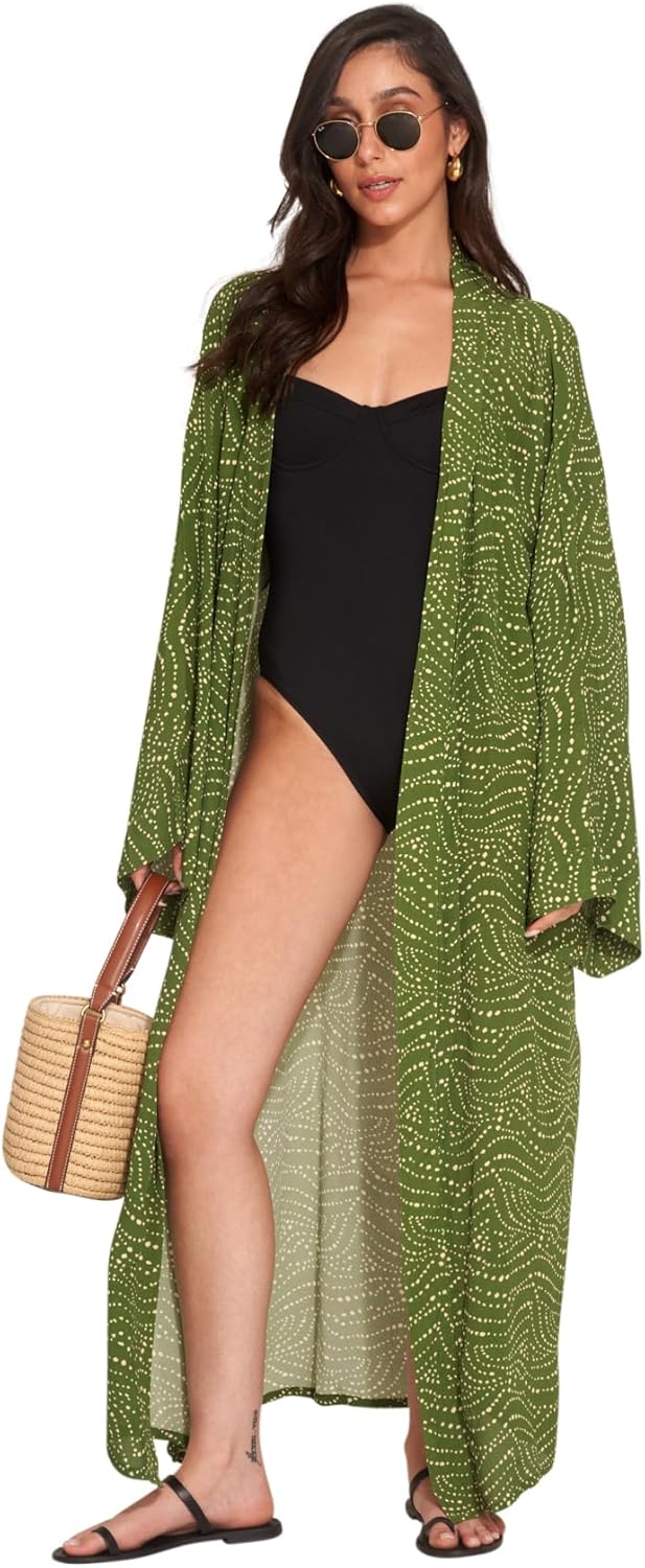 Gottex Beach Life Diamond Black Floral Border Print Kimono Swimsuit Cover Up for Women Perfect Poolside Accessory