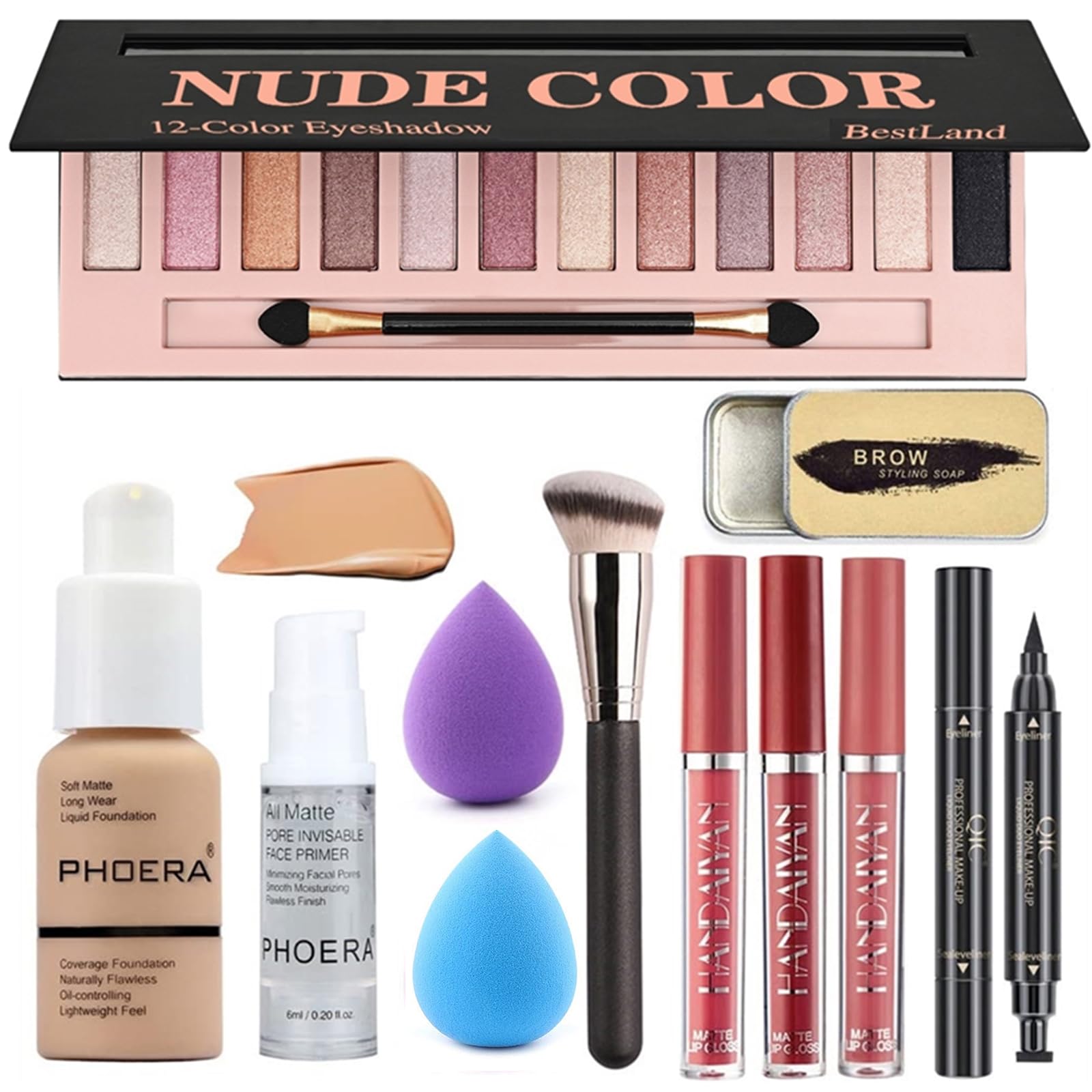 All in One Makeup Set 12 Colors Eyeshadow Palette Matte Foundation Face Primer, 3 Liquid Lipstick, Eyebrow Soap, Winged Eyeliner Stamp, Brush, Sponge, (Set B)