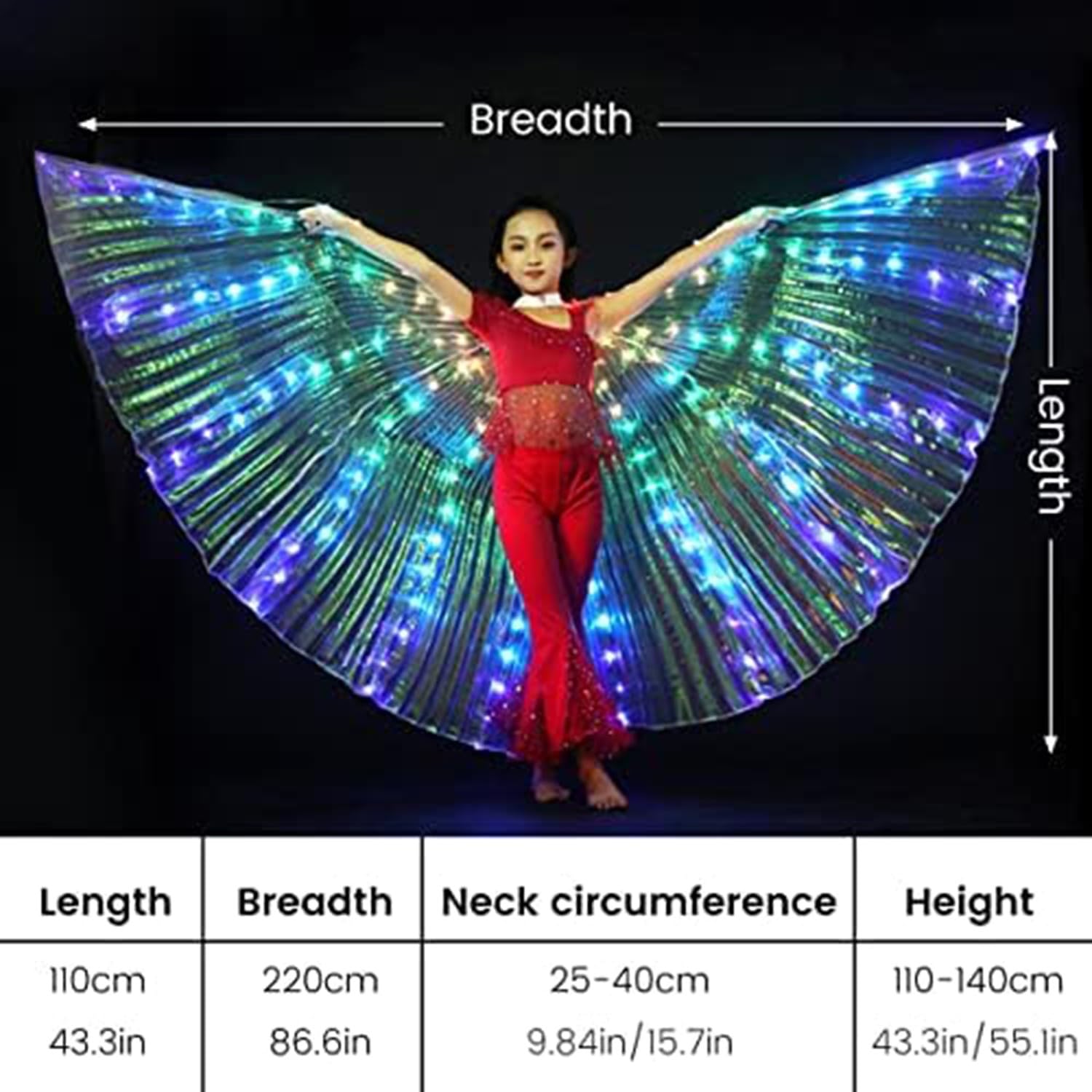 Ali LED per danza del ventre, ali di farfalla illuminate con bastoncini telescopici, perfette per carnevale, Halloween, feste di Natale