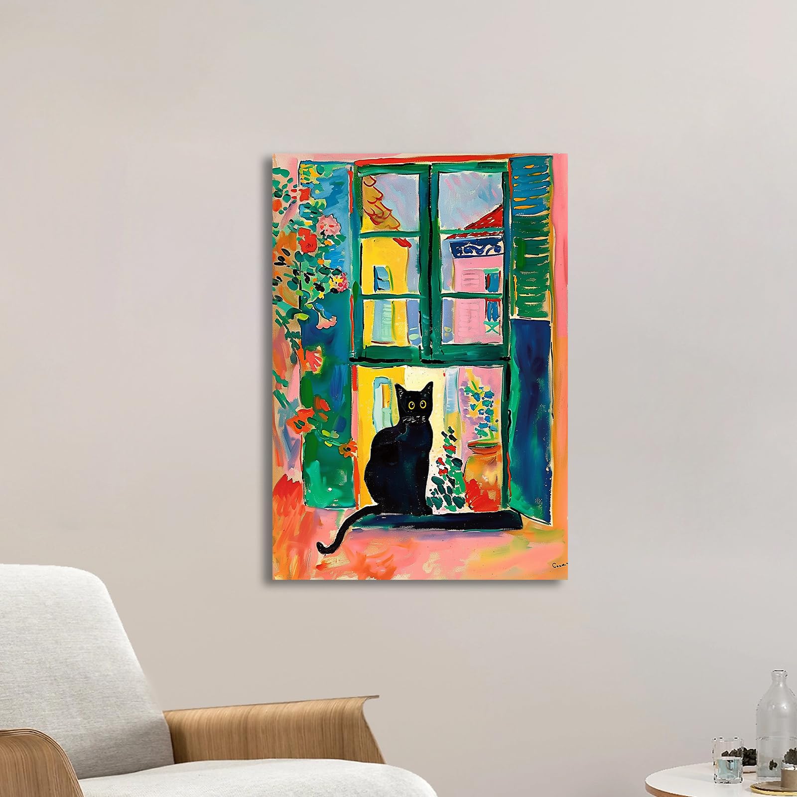 Henri Matisse Black Cat Canvas Wall Art Framed, Matisse Open Window Print Cute Cat Poster Gallery Aesthetic Room Decor for Bedroom Bathroom, Kawaii Preppy Room Decor for Teen Girls 12x16inch