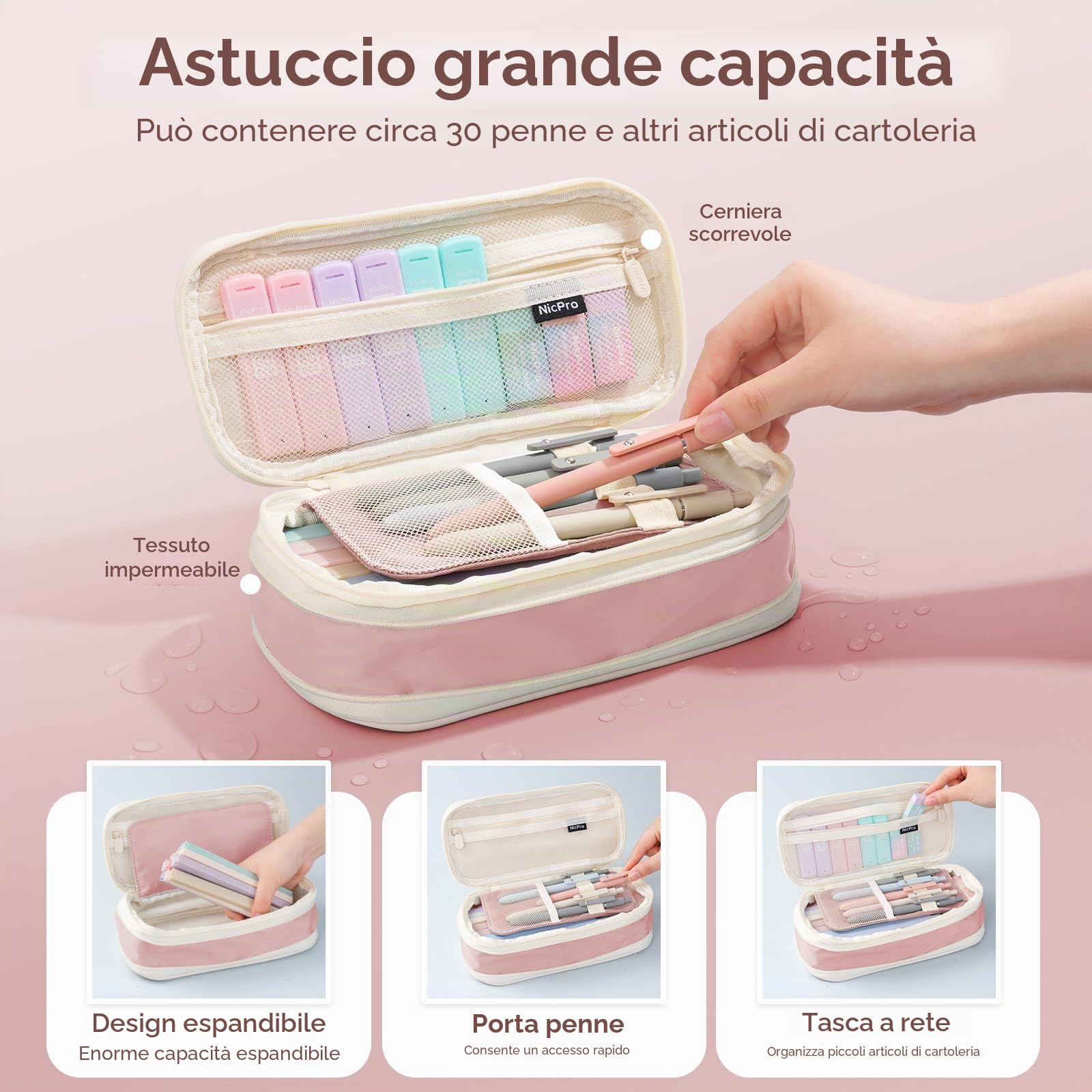 Nicpro 39 pezzi di articoli scolastici estetici con adorabile astuccio rosa, 12 evidenziatori pastello, 5 penne a inchiostro nero a rapida asciugatura, 6 matite meccaniche 0,5 e 0,7 mm per studentesse