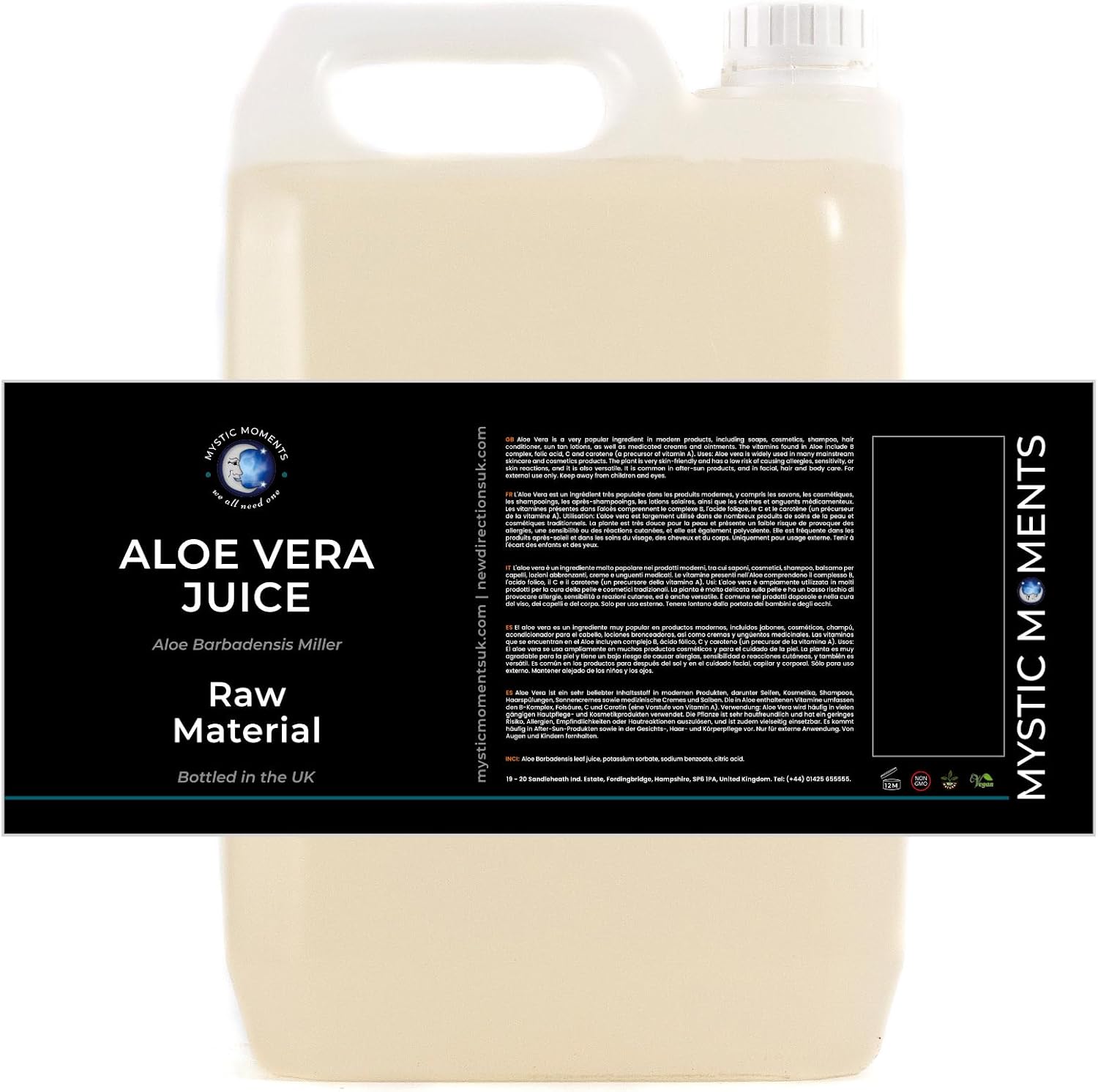 Mystic Moments | Aloe Vera Juice | Aloe Barbadensis Leaf Juice with Potassium Sorbate & Citric Acid | Hydrating Ingredient for Skin, Hair & DIY Cosmetics | Vitamin-Enriched Botanical Base | 5 litres