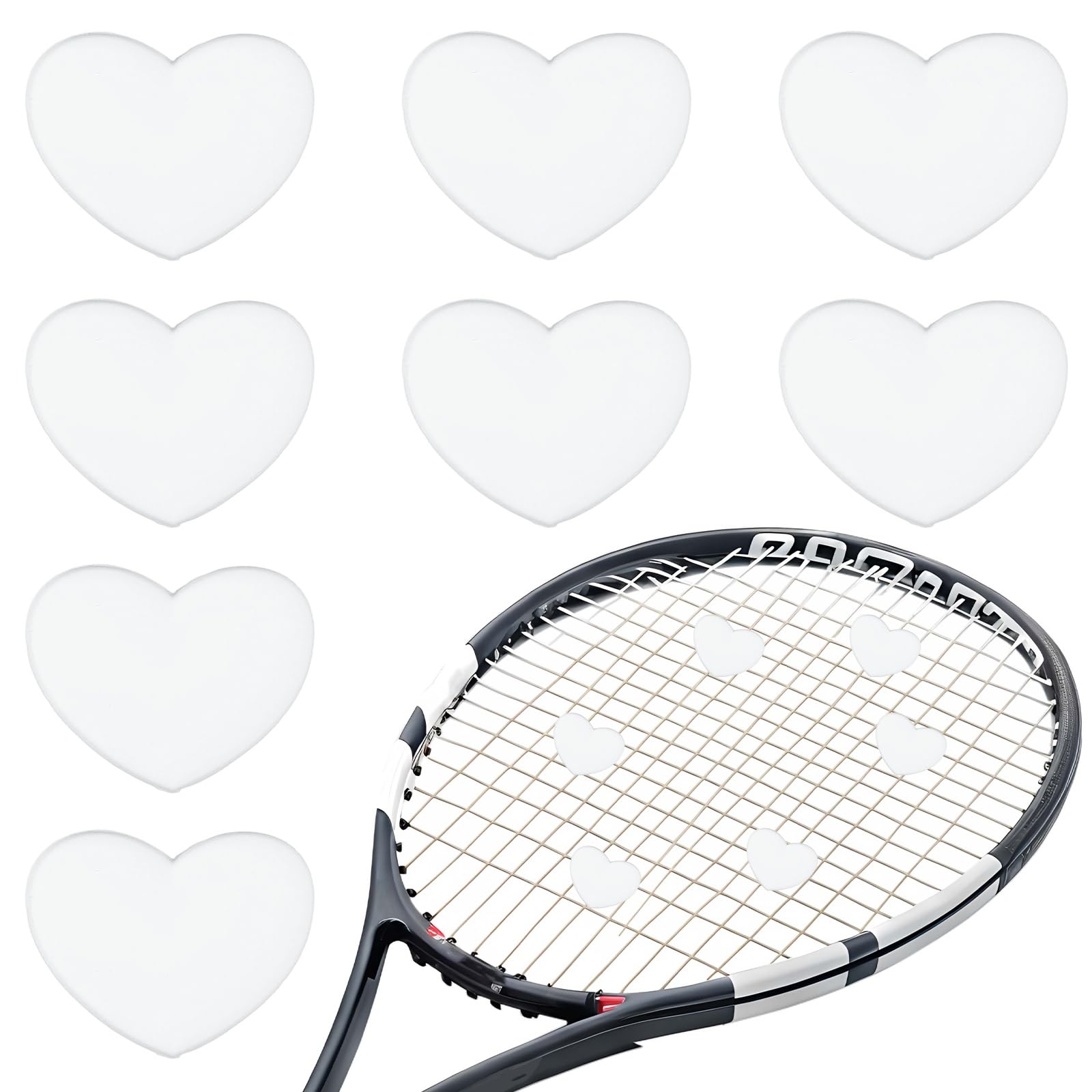 YELARXI Tennis Dampener, Heart Silicone Tennis Racket Dampeners Racket Shock Absorber to Reduce Vibration Soft Cute Fitting for (Players/Universal Fit for All Racquets) 8Pcs & White