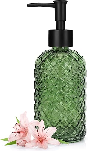 Miniatura 10 de Dispensador de jabón de vidrio de 13.5 onzas con bomba de plástico, dispensador de jabón de manos recargable con diseño de diamante para lavado