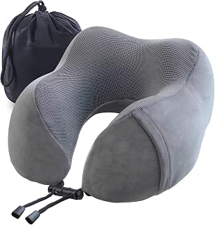 Travel Pillow, Best Memory Foam Neck Pillow and Head Support Soft Pillow with Side Storage Bags, for Sleep Rest, Airplane, Car, Family and Travel Use（Dark Grey）