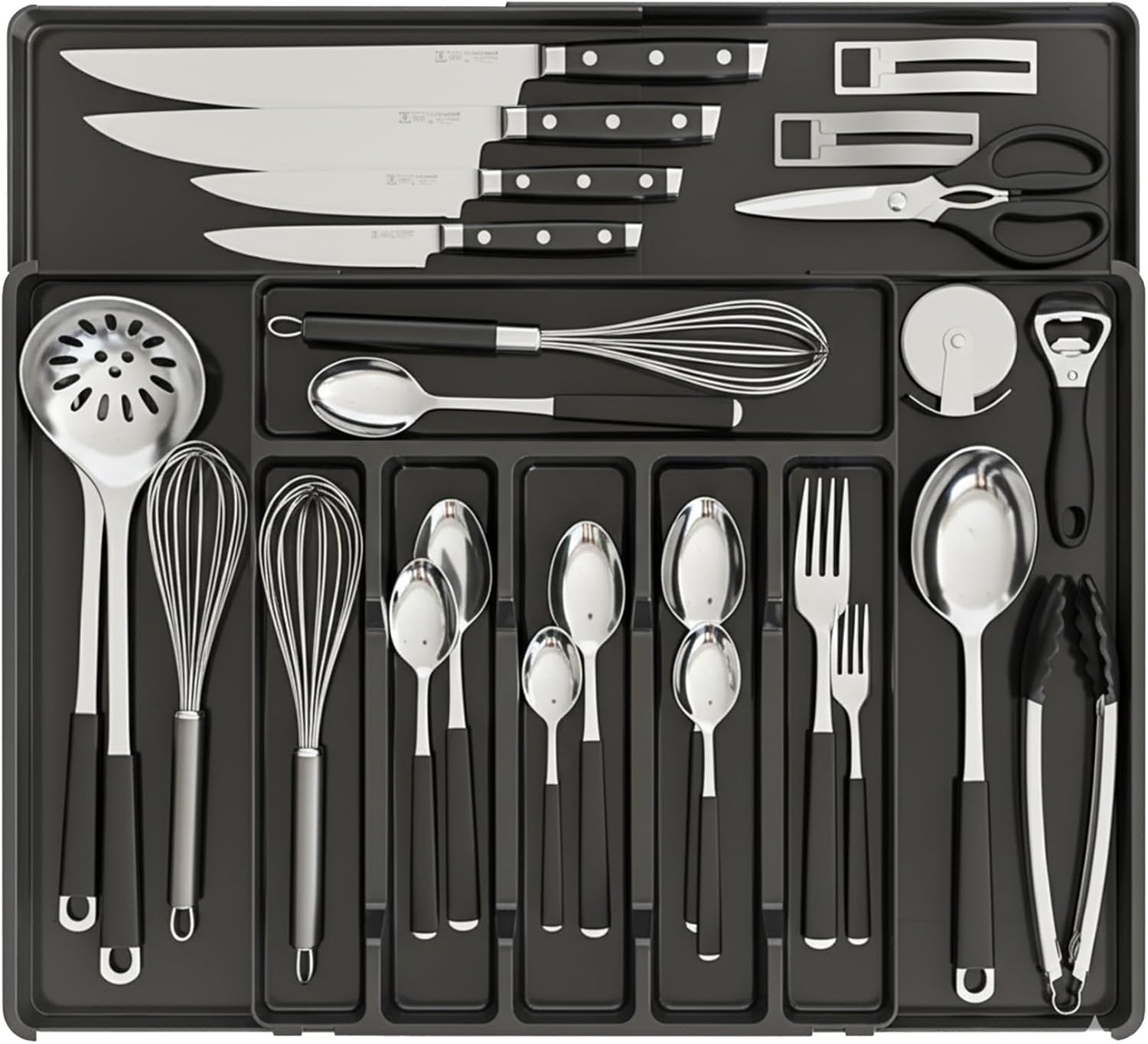 Silverware Organizer, Large Expandable Utensil Drawer Organizer, Cutlery Storage Divider for Forks, Spoons, Knives in Kitchen (Black)