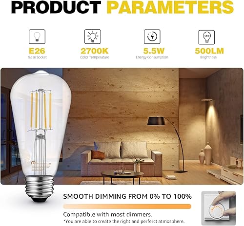 Miniatura 2 de MASTERY MART Bombilla LED vintage E26 de 5.5 W equivale a 60 vatios, bombillas Edison regulables, blanco suave 2700 K, vidrio transparente ST19,