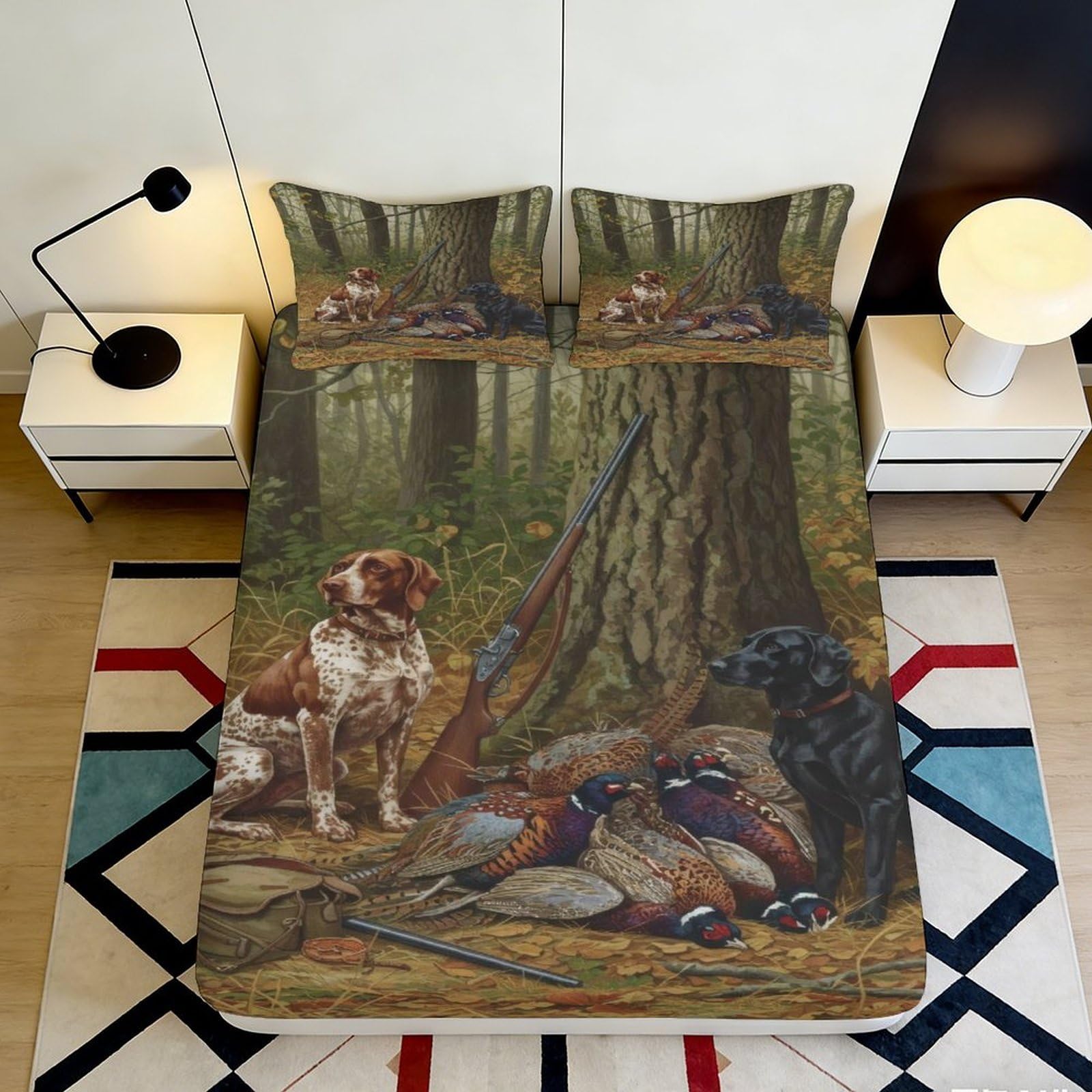3D Printed Hunting Dogs Fitted Sheet Microfiber Durable Soft Bed Cover with 3D Printed Forest Scene Mattress Cover for Bedroom Dormitory Guest Room 180x200x25cm