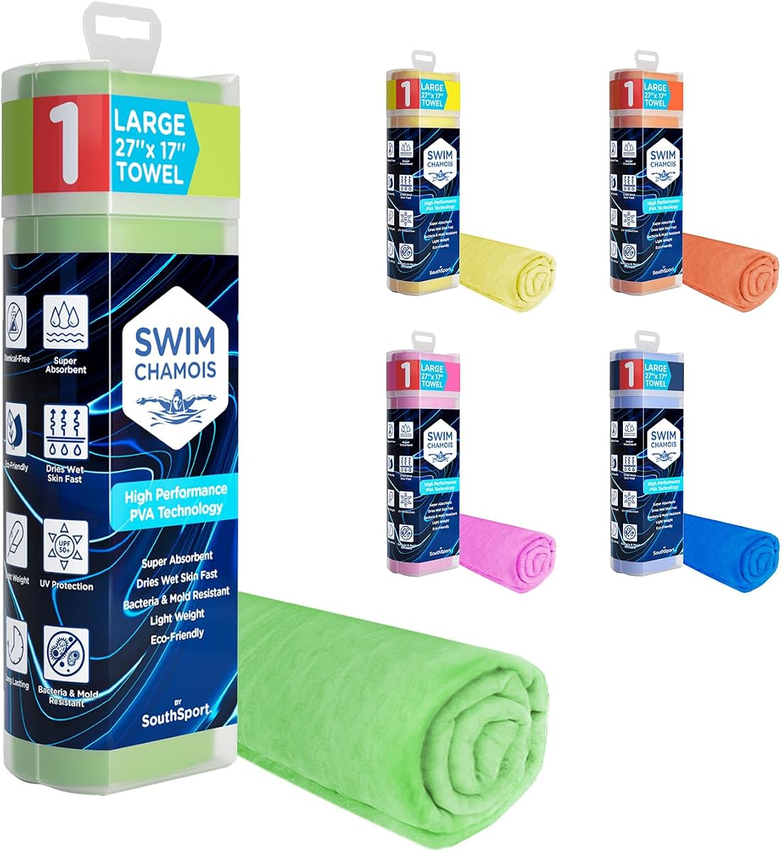 Swim Shammy - Quick Dry Beach Towel Super Absorbent Shammy Towel - Scratch-Free Shammy Cloth, Green, 27.00'' x 17.00''