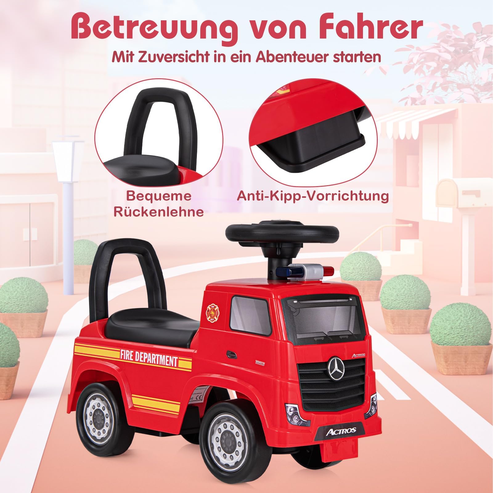 COSTWAY Mercedes Benz Rutschauto, Schiebeauto mit Stauraum & Musik & Hupe & Kippschutz, Kinder Rutscher Feuerwehrauto mit Warnlampe für Kinder ab 2 Jahren, Rot