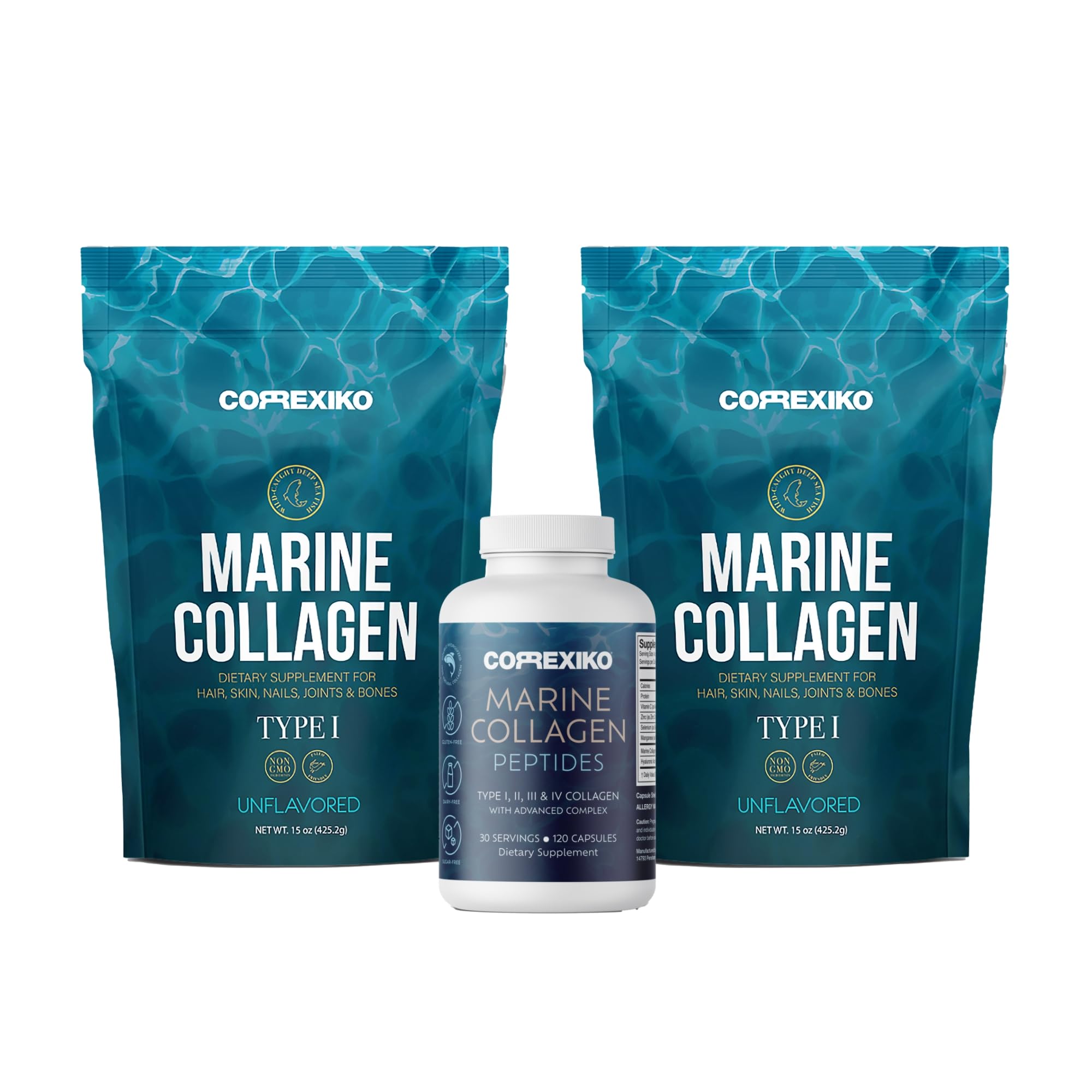 CORREXIKO 2X Marine Collagen Powder (15oz) & 1x Marine Capsules Bundle