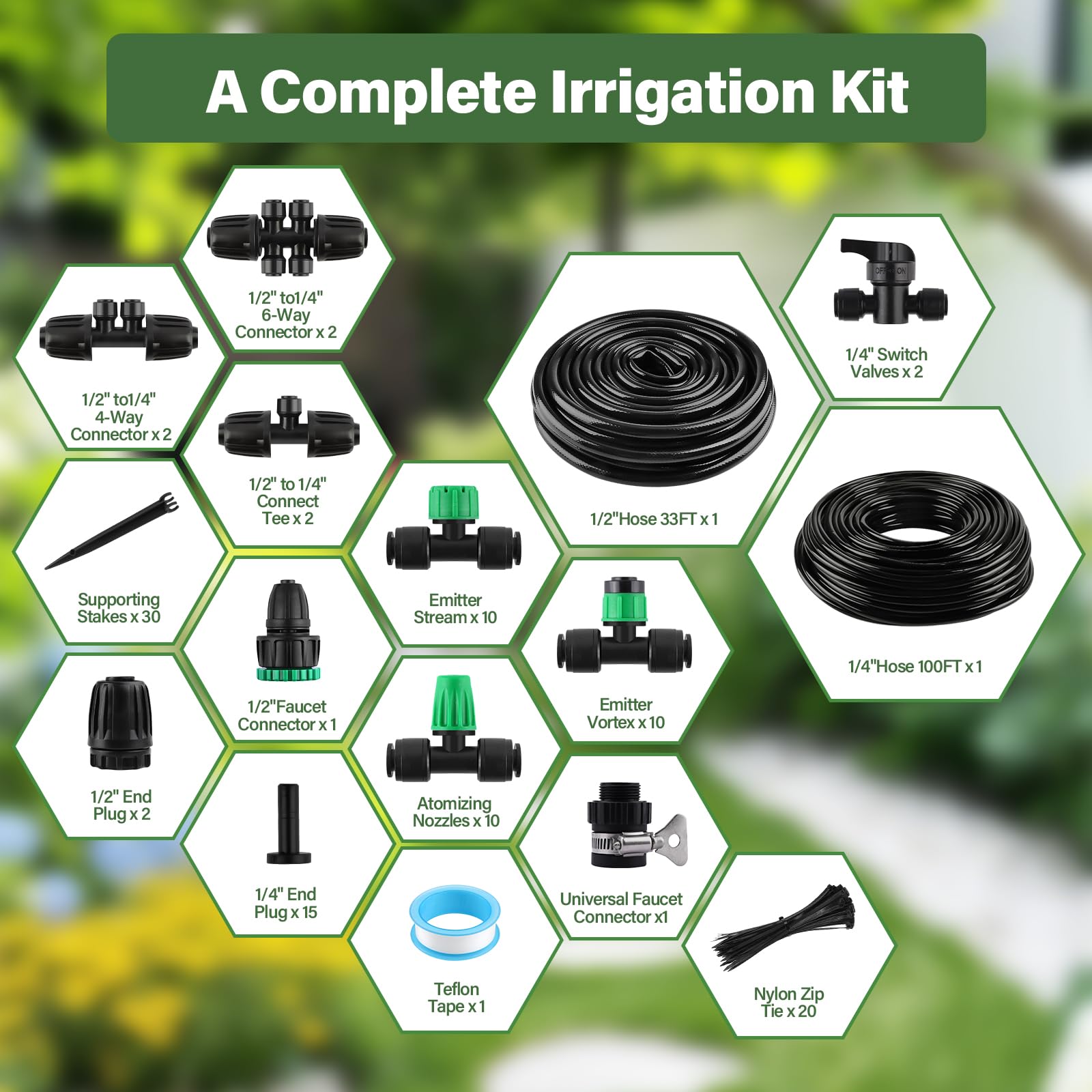 Kalolary Sistema di Irrigazione a Goccia 133FT | Kit di Irrigazione da Giardino Facile da Montare con Connettori Rapidi, Ugelli Regolabili, Tubo PE 1/2" 1/4" per Giardini