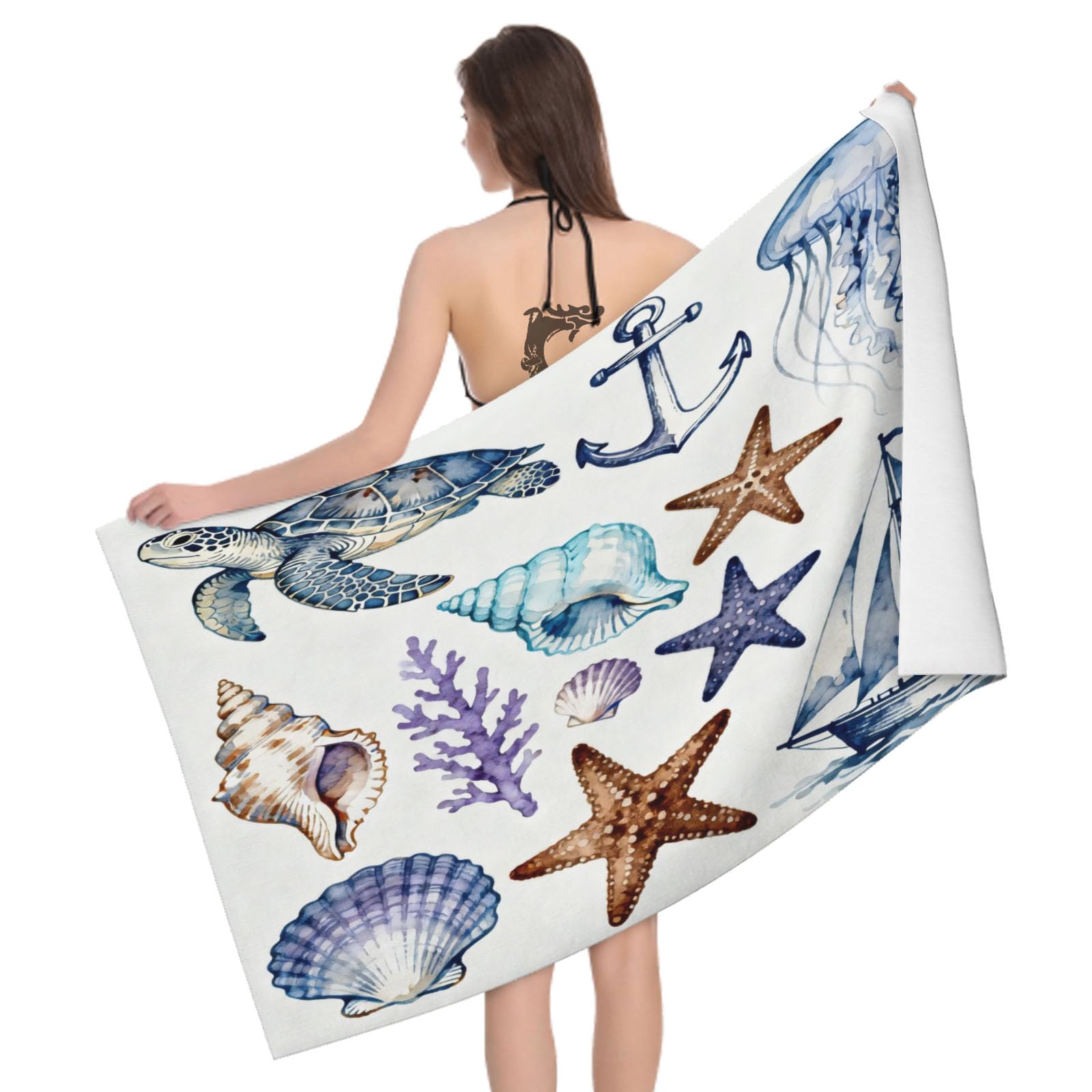 Leichong 3D Watercolor Marine Life Beach Towel Large Microfiber Soft Quick Dry for Adults, Shell Starfish Bath Towel Lightweight Soft Absorbent for Travel Swimming Pool Sports, 180 x 90 cm