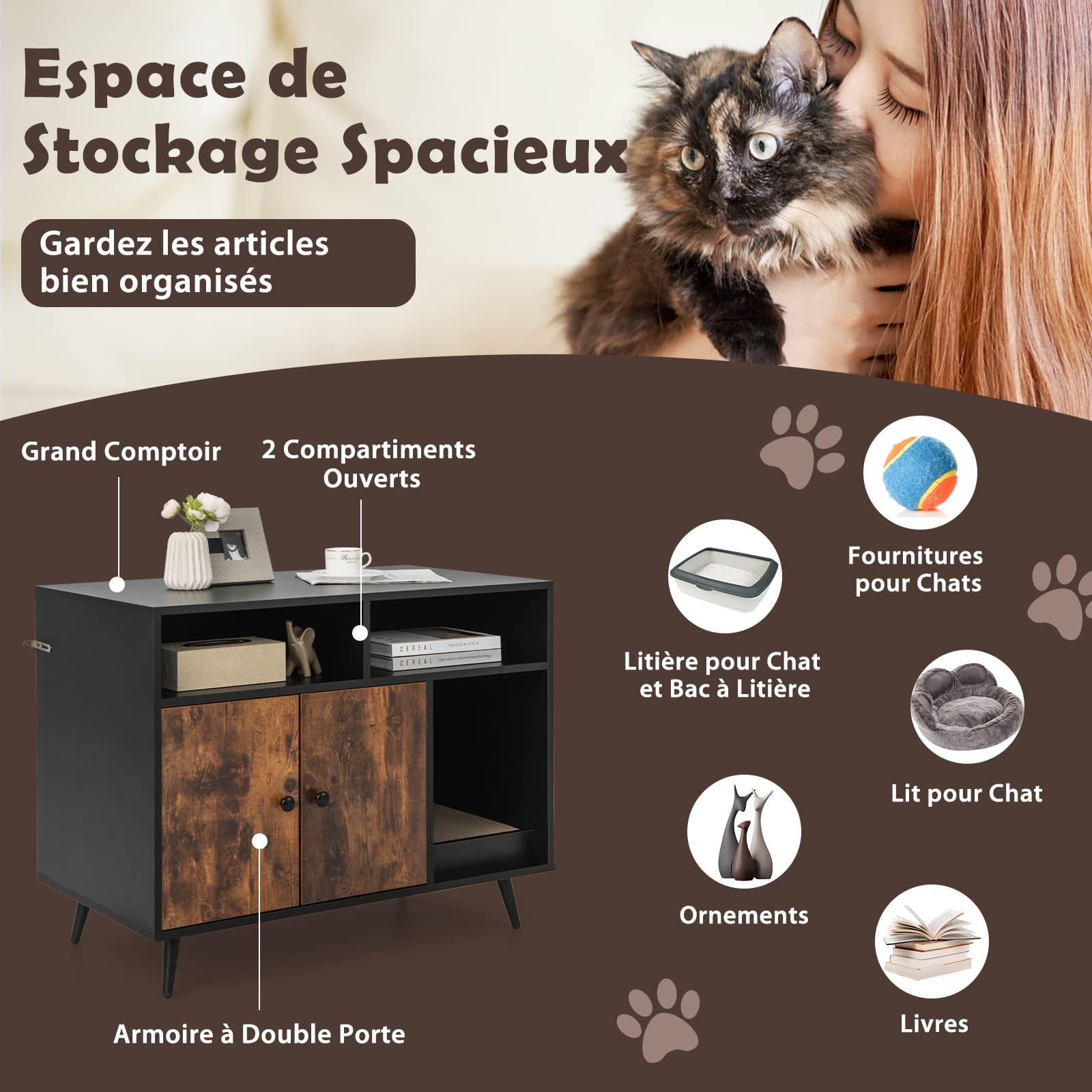 COSTWAY Meuble Litière Chat avec Griffoir Industriel, Maison de Toilette Chat Anti-basculement 2 Étagères de Rangement, Pieds Métalliques Inclinées, 90x50x70cm