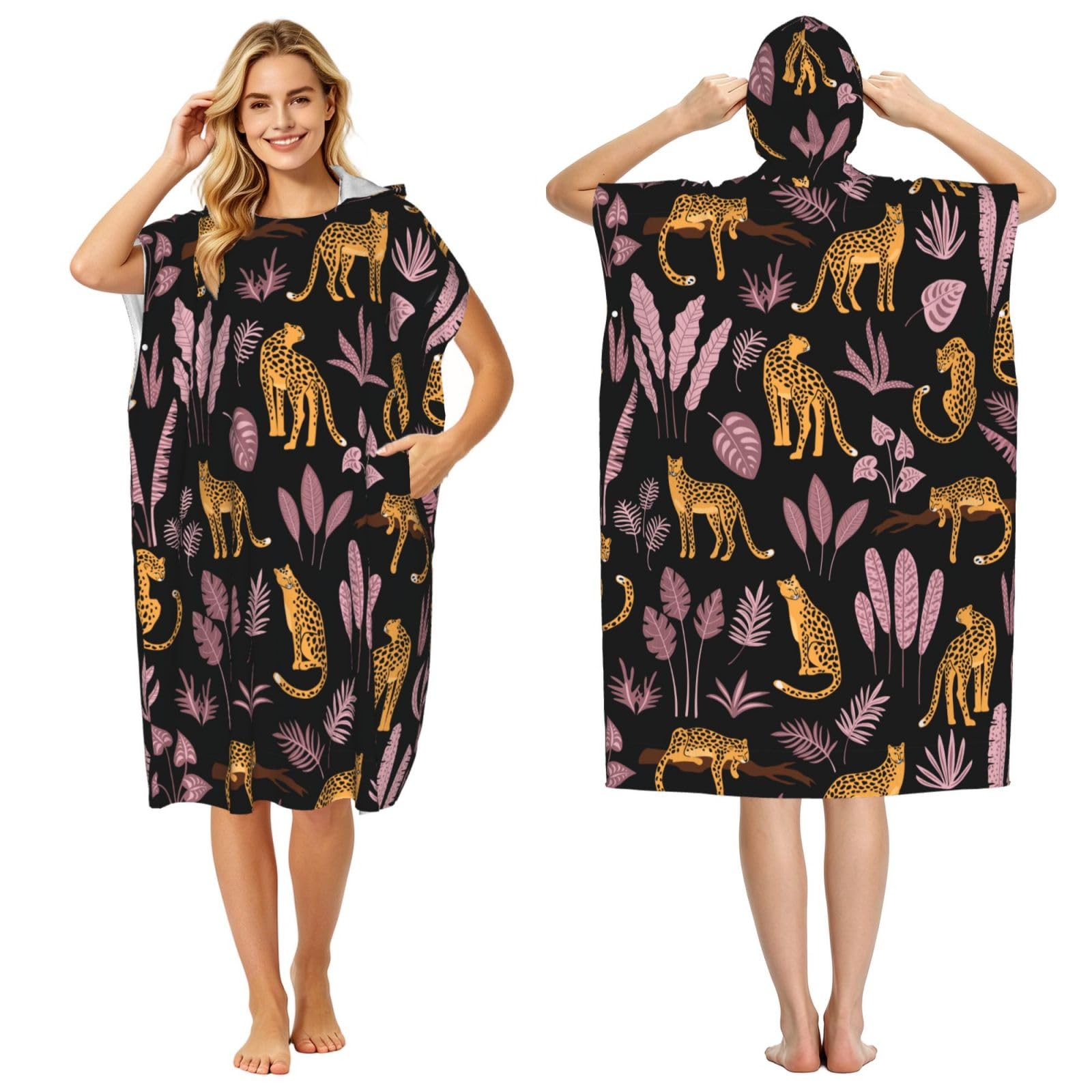 Poadnly Leopard Tropical Pattern, Adult Hooded Beach Towel 90 x 110 cm,Changing Bath Robe, Surf Poncho Towel For Women Men