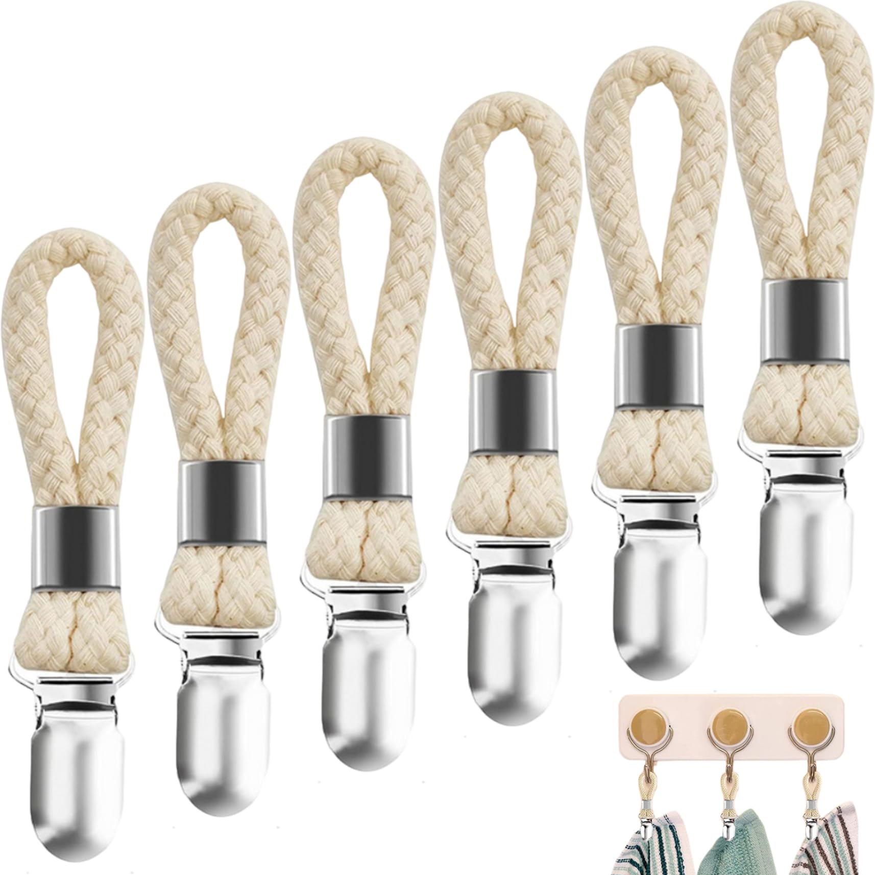 Hintyne Kitchen Towel Clips Towel Clips for Kitchen, 6PCS Metal Tea Holder with Braided Cotton Hanging Loop, 4.5 Inch Hanger for Home Bathroom