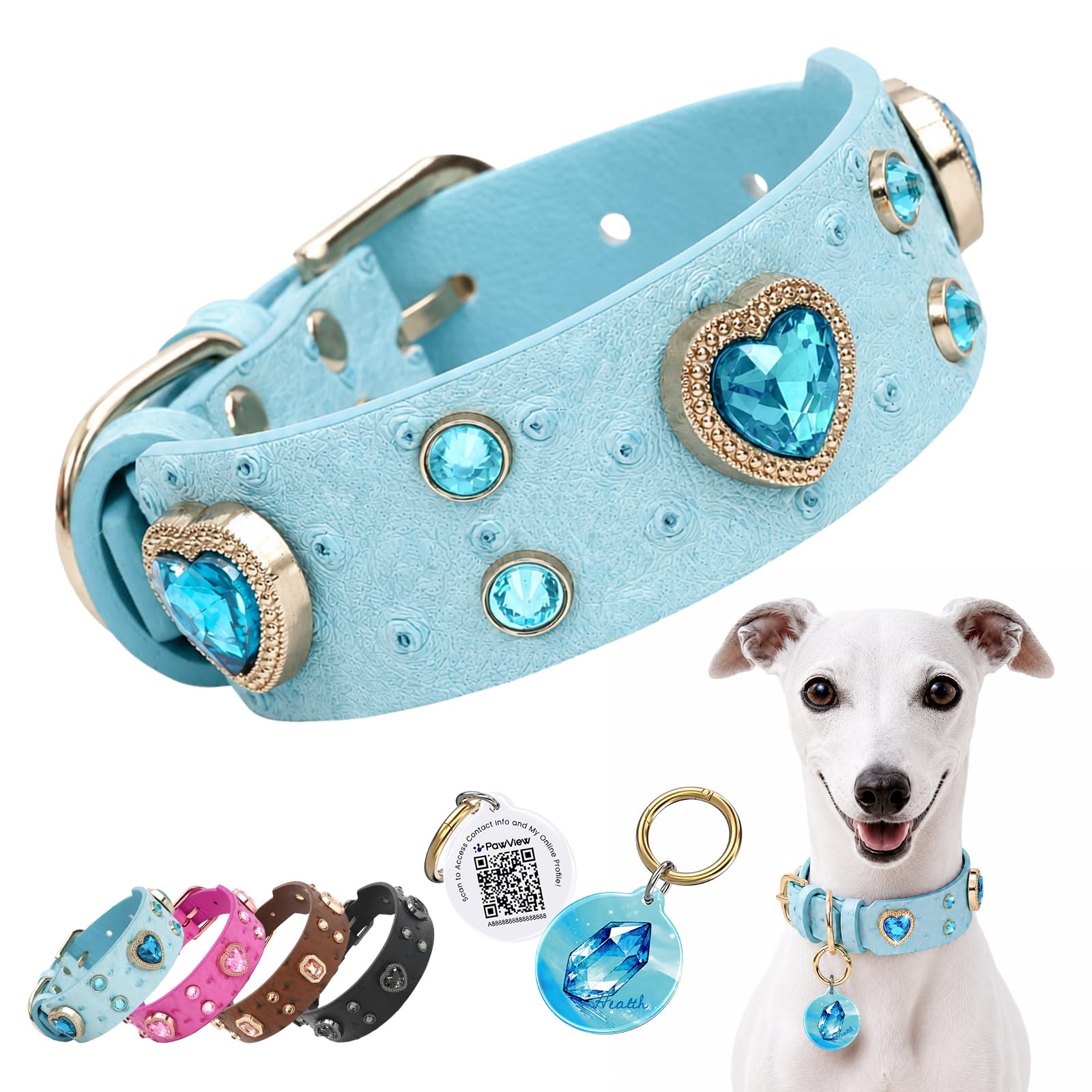 PawView Rhinestone Dog Collar with Smart QR Code ID Tag, Personalised Wide Adjustable Waterproof Leather Collar for Small, Medium & Large Dogs, Blue, L