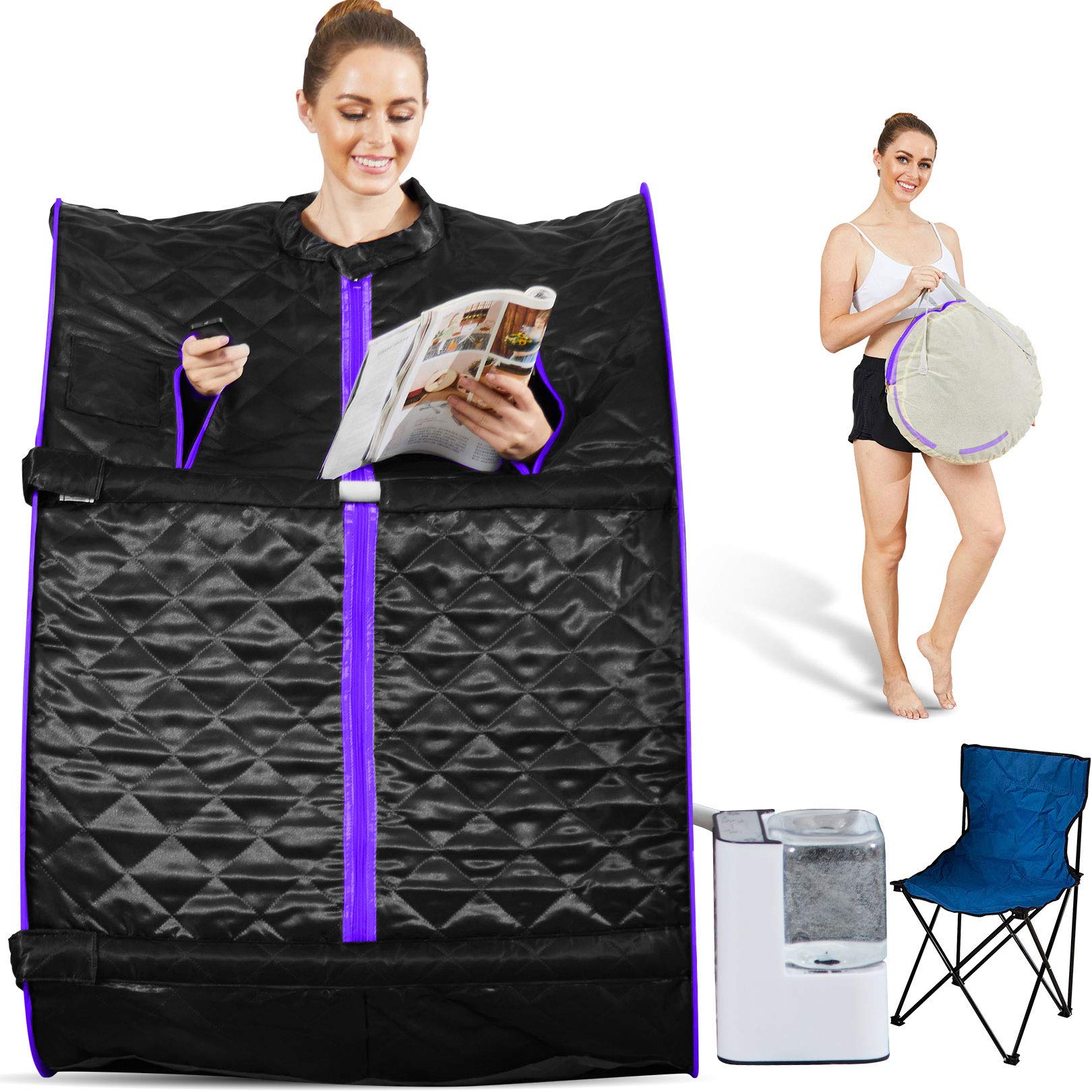 Hicient Steam Sauna Individual Home Spa-Indoor Portable Sauna Set Includes a Foot Pad,Remote Control, Folding Canvas Chair, Precise Timer