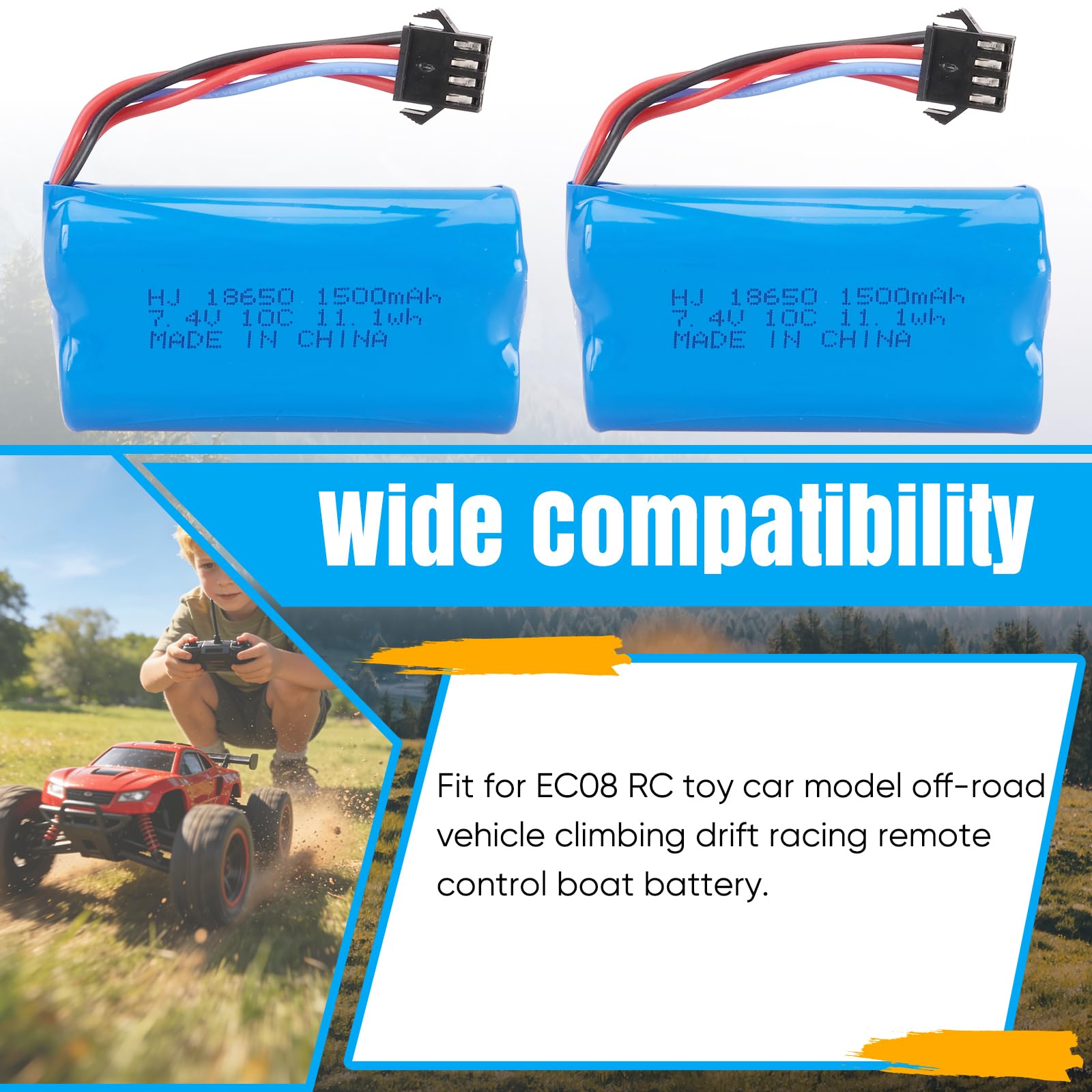 2PCS 7,4V 1500mAh Rechargeable Batterie(USB Câble de Charge & SM-4P Prise) Compatible avec EC08 Modèles de Voitures Télécommandées (Véhicules Tout-Terrain, Motos Course, Bateaux Drift)