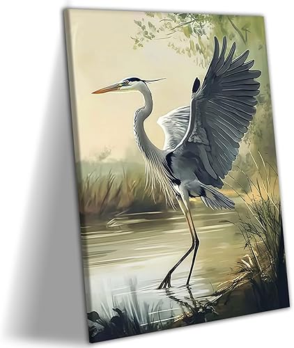Gray Heron Canvas Wall Art Nature Bird Landscape Poster Print Gallery Wrapped Wa
