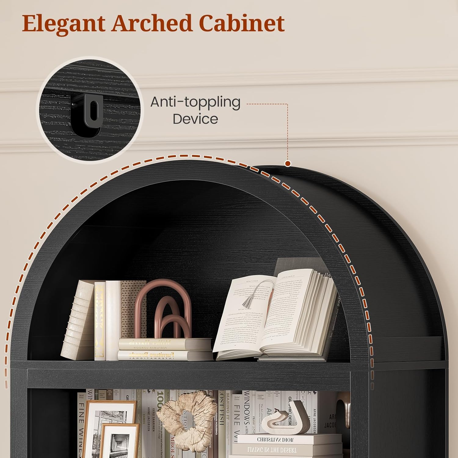81" Tall Arched Mid-Century Modern Bookcase, Black