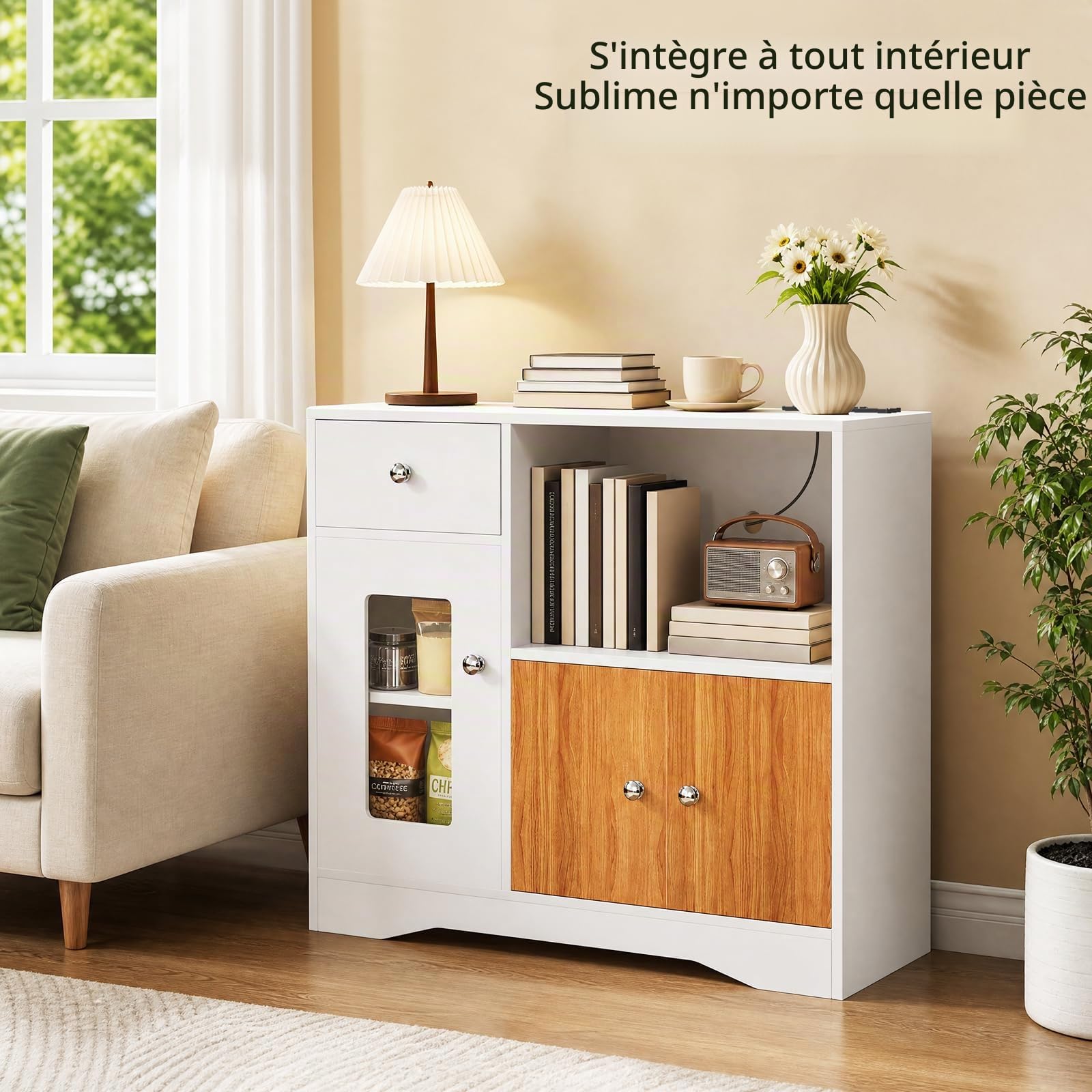 PIPIPOXER Buffet de Cuisine avec Étagère à Micro-Ondes, Portes et 1 Tiroir, avec 3 Portes, Meuble de Rangement, Étagères Réglables, Armoire de Rangement pour Salon,Cuisine,Salle à Manger, 80x40x83cm