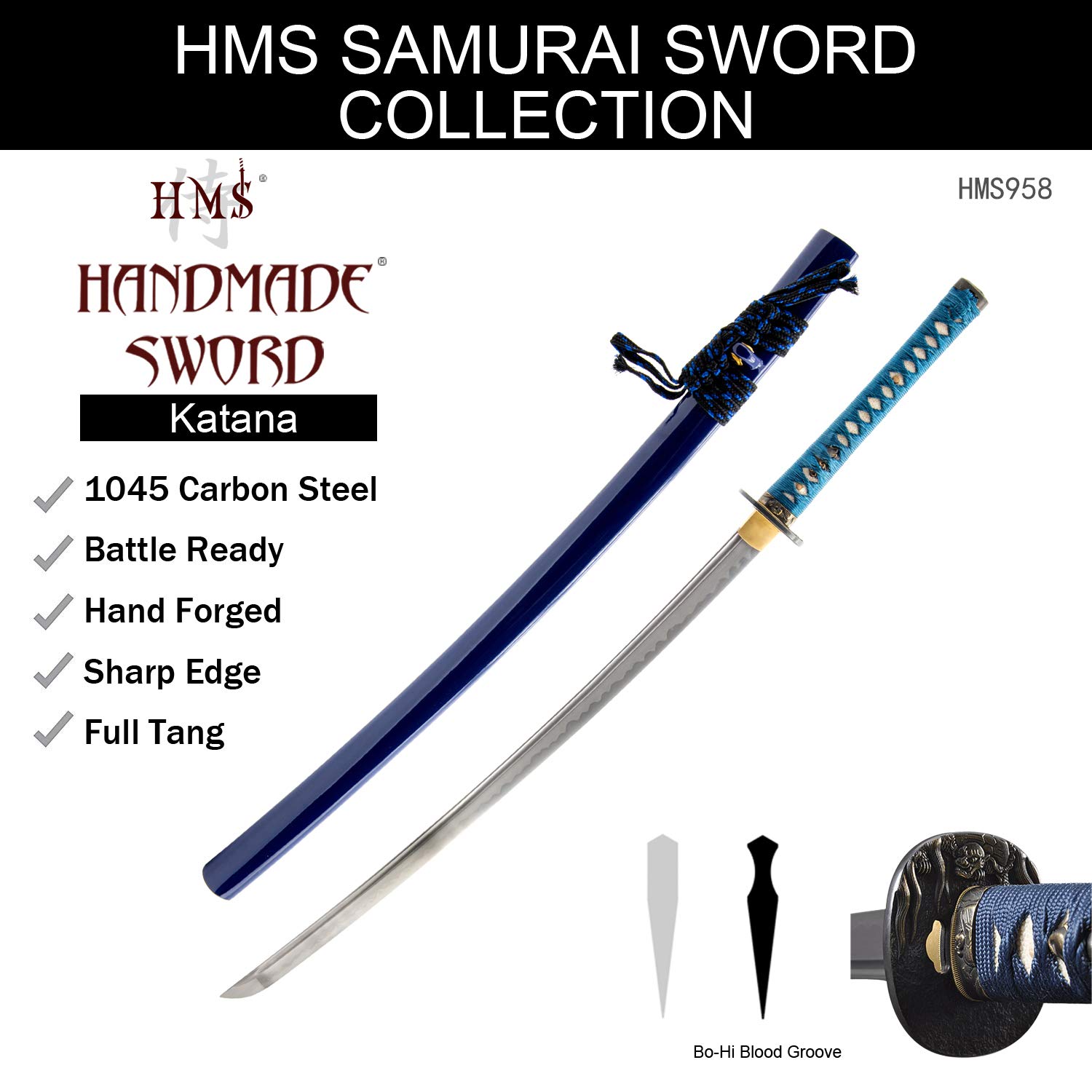 HMS Japanese Samurai Katana Sword, Turtle Tsuba, Fully Hand Forged, 1045 Carbon Steel, Blue Scabbard and Handle, Sharp, Functional